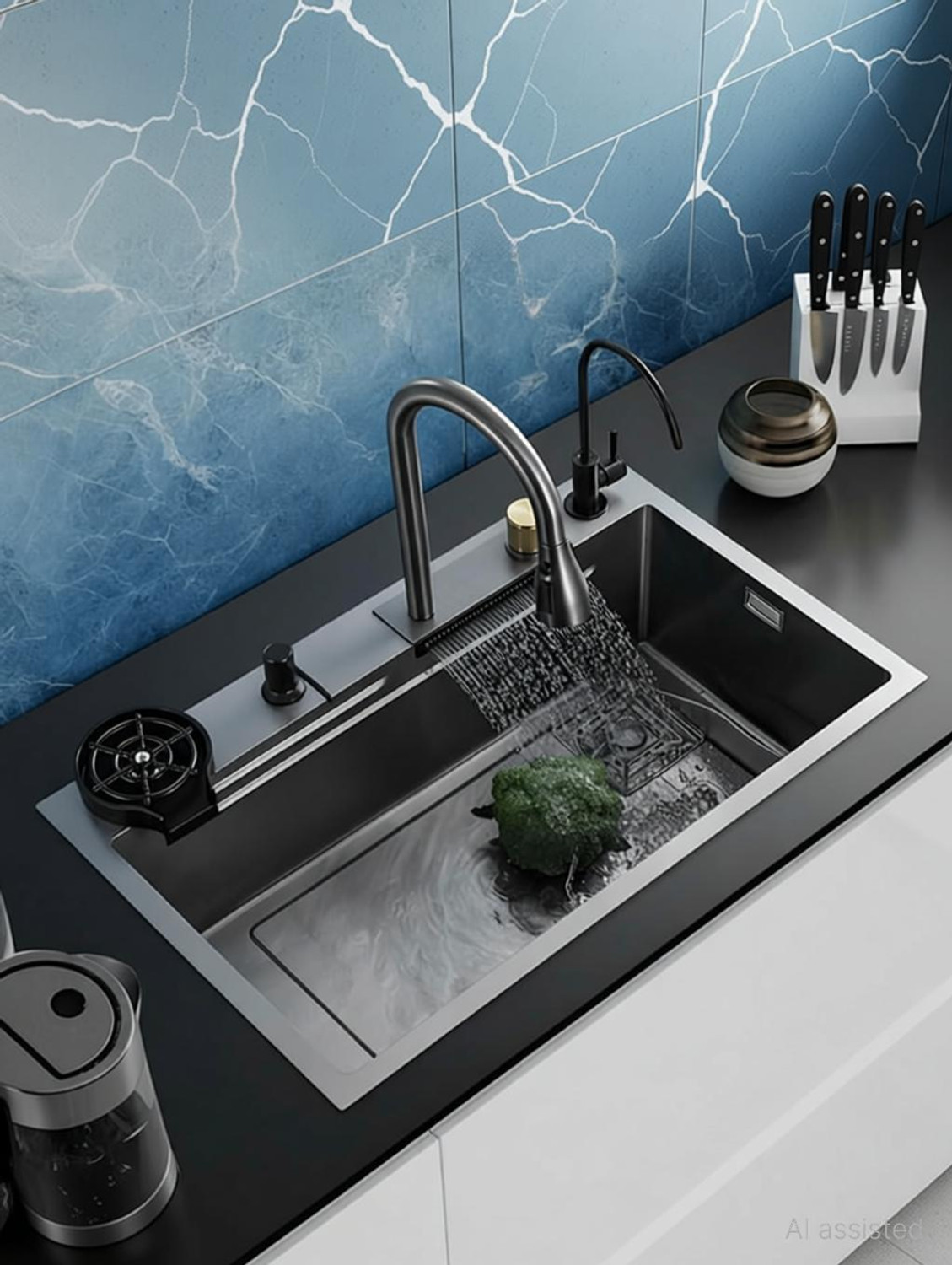 Image of QUINK wash basin Waterfall Kitchen Sink 304 GRADE All in One 30x18 inch Vessel Sink