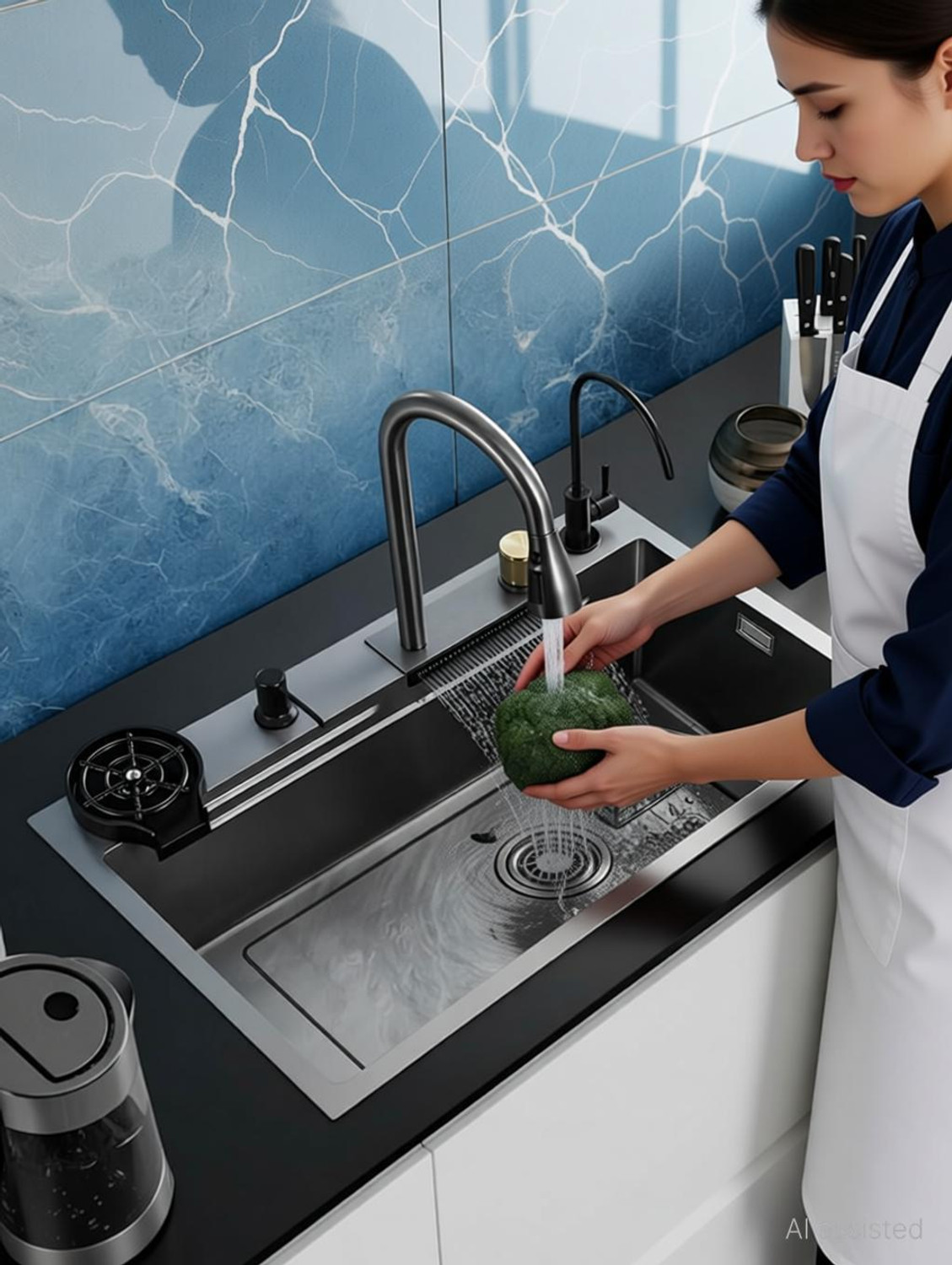 Image of QUINK wash basin Waterfall Kitchen Sink 304 GRADE All in One 30x18 inch Vessel Sink