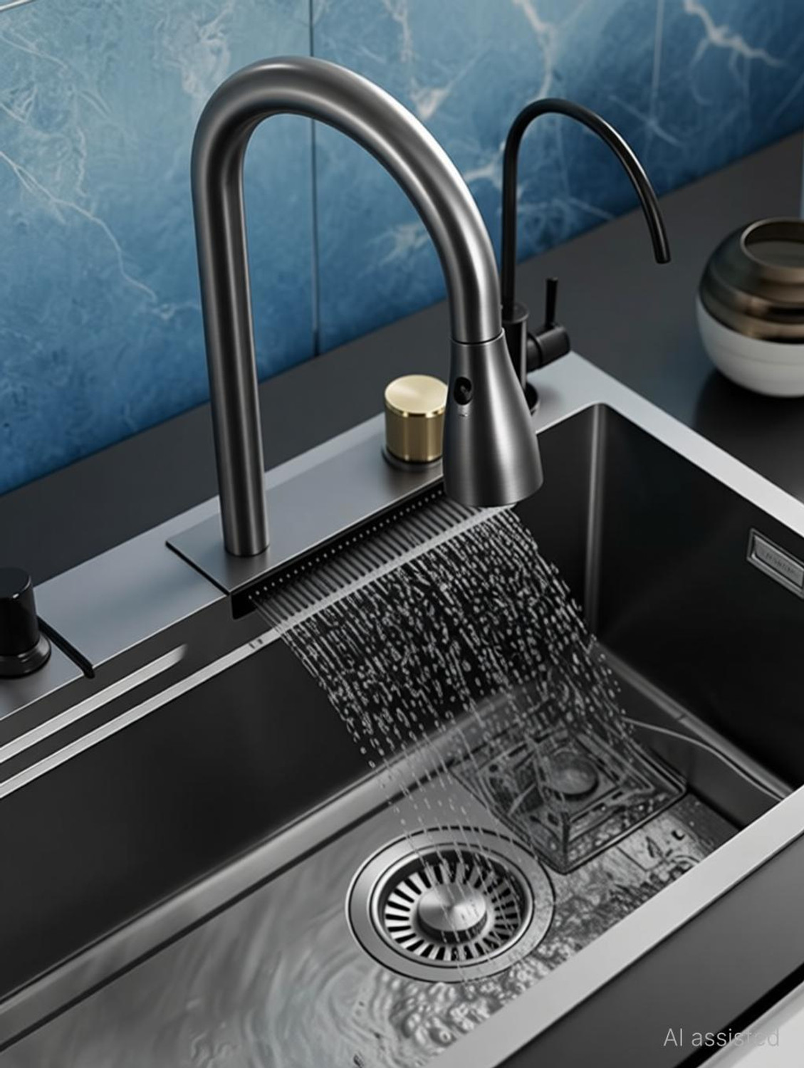 Image of QUINK wash basin Waterfall Kitchen Sink 304 GRADE All in One 30x18 inch Vessel Sink