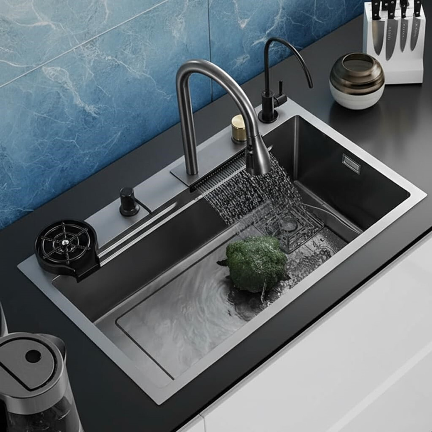 Image of QUINK wash basin Waterfall Kitchen Sink 304 GRADE All in One 30x18 inch Vessel Sink