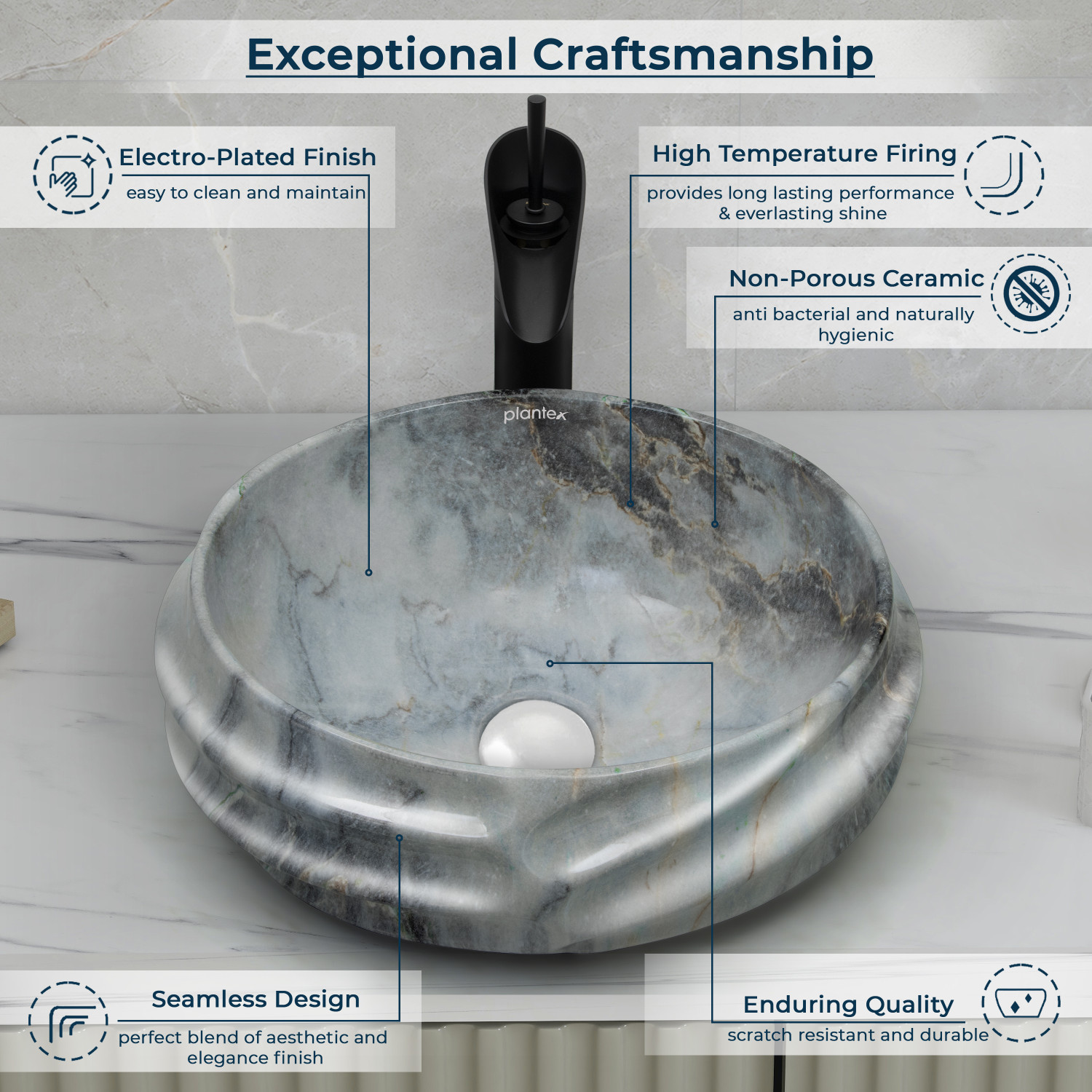 Image of Plantex Ceramic Basin for Bathroom /Table Top Ceramic Basin /Washbasin for Bathroom (SPIRAL-1013-Marble Finish) Counter Top (Multicolor)