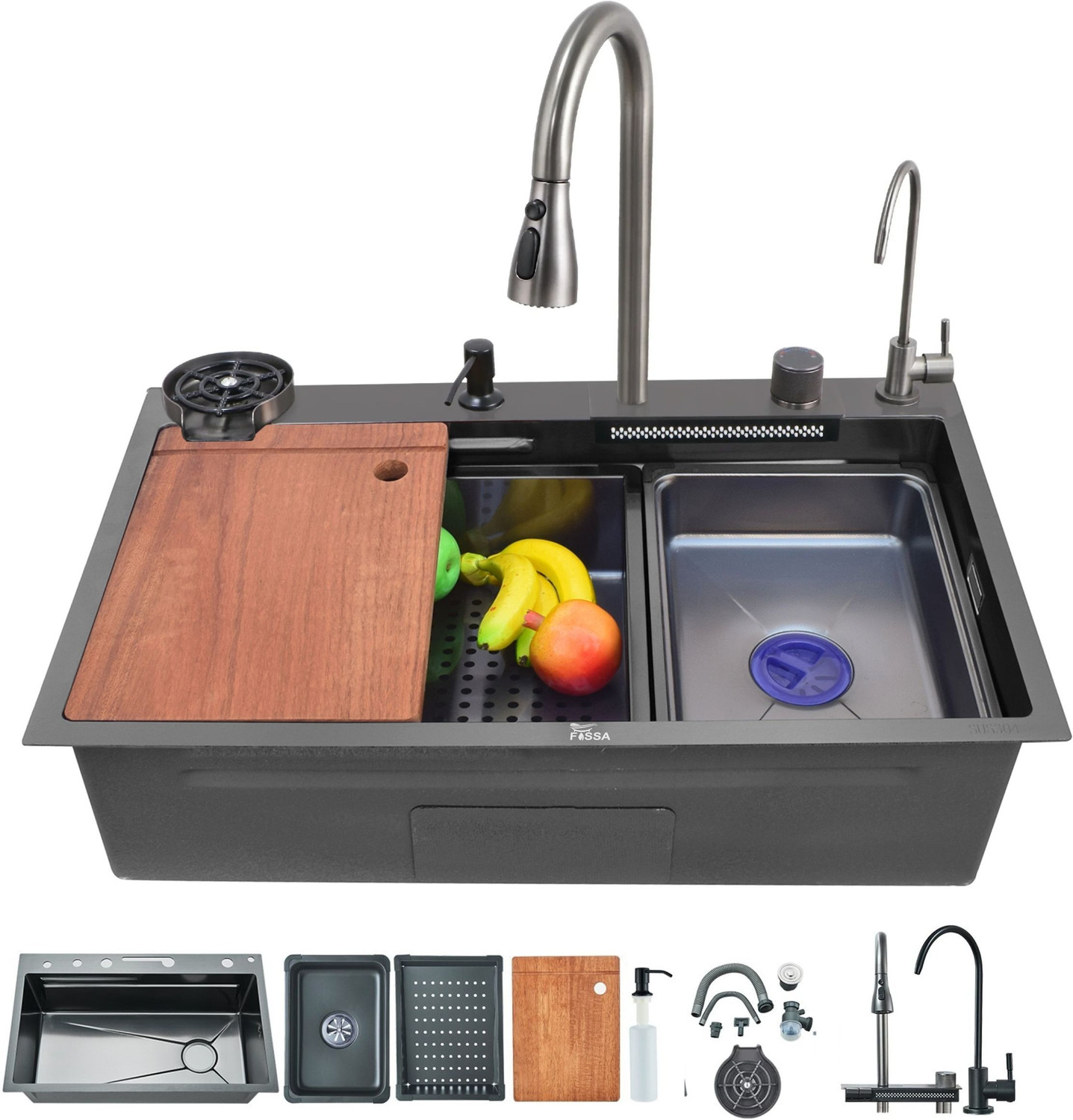 Image of Fossa 30 inchx18 inchx9 inch 5-Years Warranty Single Bowl Waterfall Kitchen Sink With Accessories FS-WFNS Vessel Sink