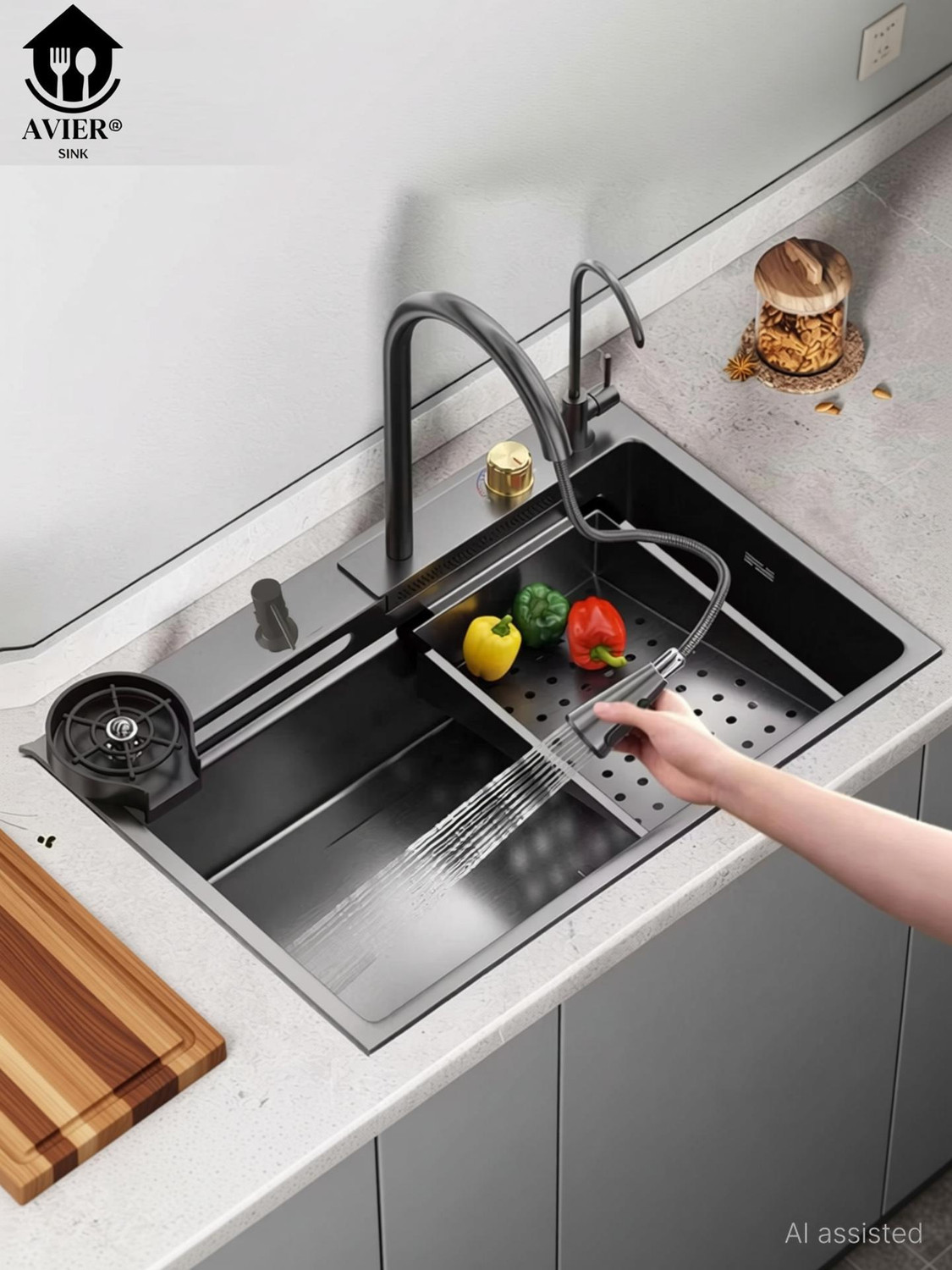 Image of AVIER Kitchen Sink 24X18X9 Inch Waterfall Kitchen Sink with Integrated Pull Down Faucet Waterfall Sink Stainless steel Matt Finish A153 Vessel Sink
