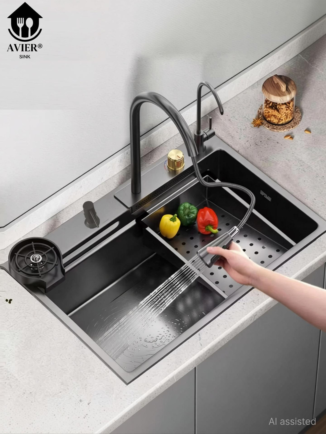 Image of AVIER Kitchen Sink 24X18X9 Inch Waterfall Kitchen Sink with Integrated Pull Down Faucet Waterfall Sink Stainless steel Matt Finish A153 Vessel Sink