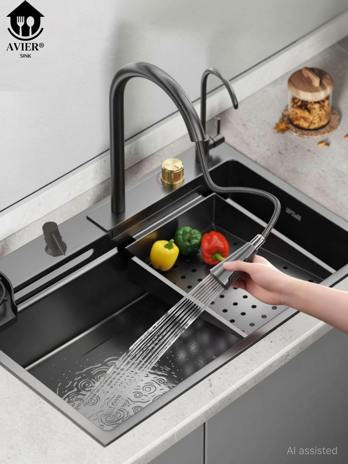 Image of AVIER Kitchen Sink 24X18X9 Inch Waterfall Kitchen Sink with Integrated Pull Down Faucet Waterfall Sink Stainless steel Matt Finish A153 Vessel Sink