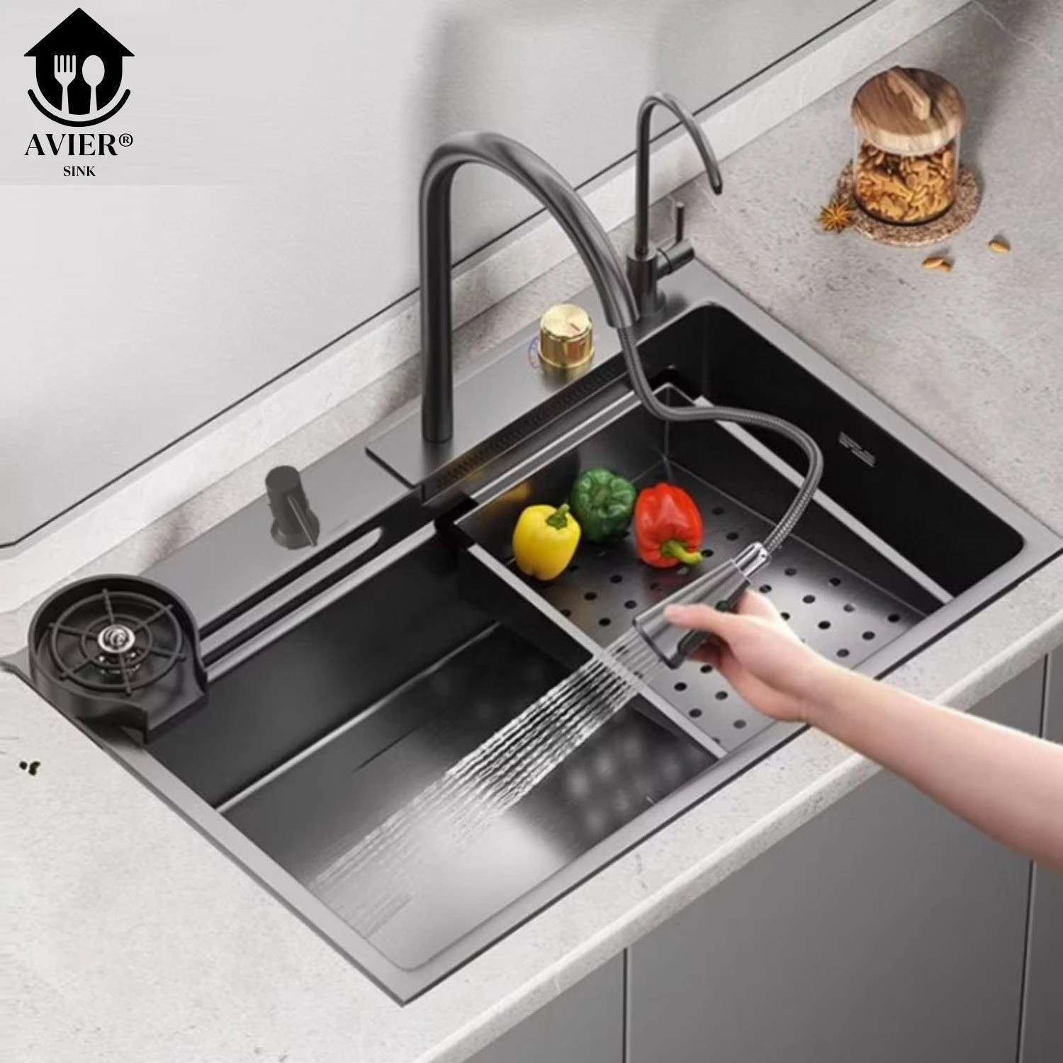Image of AVIER Kitchen Sink 24X18X9 Inch Waterfall Kitchen Sink with Integrated Pull Down Faucet Waterfall Sink Stainless steel Matt Finish A153 Vessel Sink
