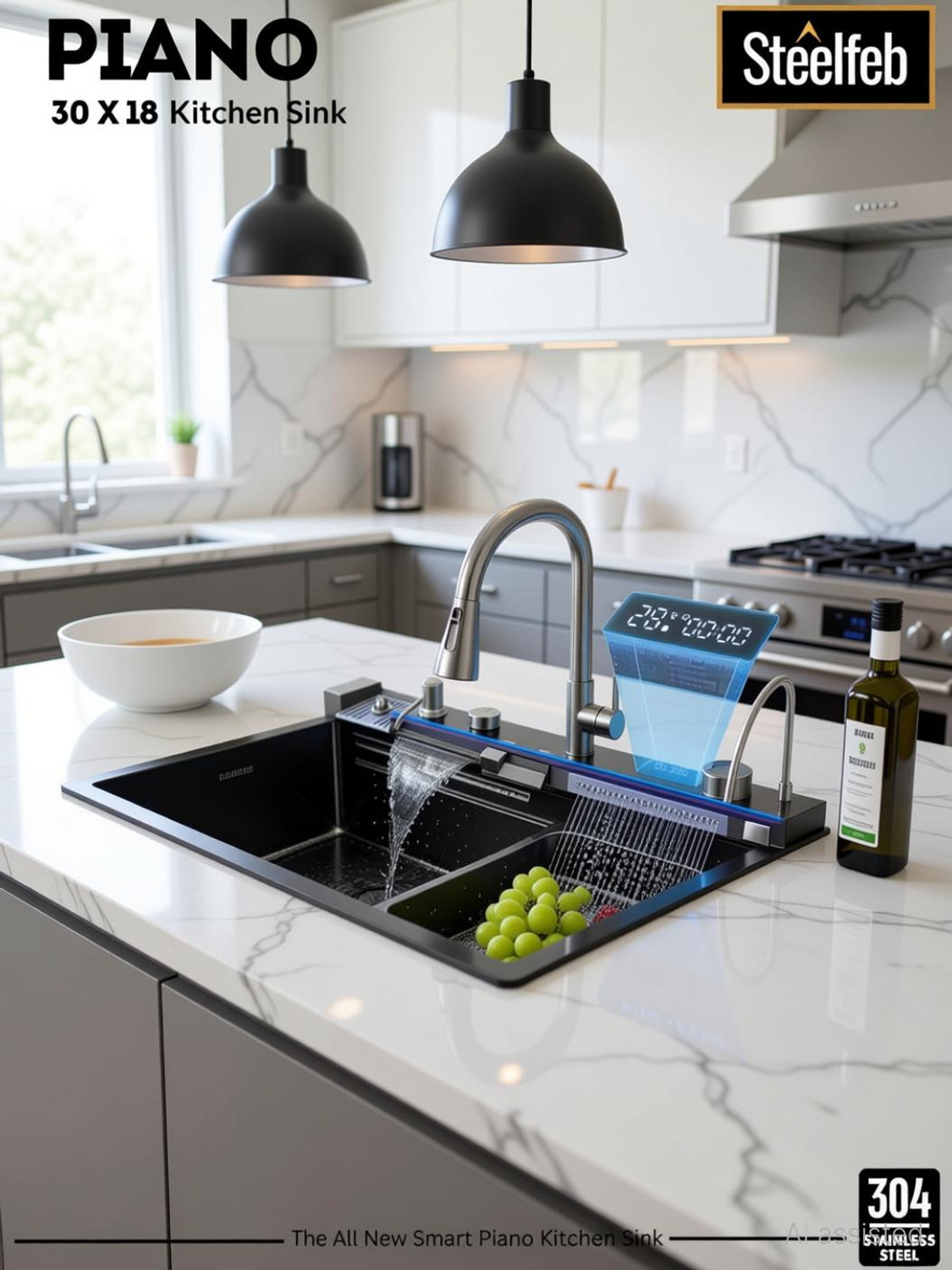 Image of STEELfeb 30X18X9 Piano Kitchen Sink (304 Grade) With LED Display & Dual Waterfall & Pull-Down Faucet & 5 Piano Switch Controls (No Electricity Req.) Vessel Sink