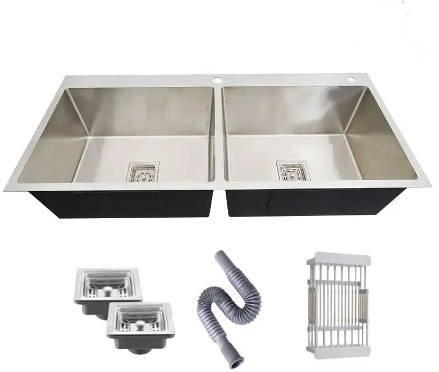Image of Prestige 45 inchx20 inchx10 inch Double Bowl Premium Kitchen Taphole Sink Matte Finish 304 Grade Handmade Silver 45 inch X 20 inch X 10 inch Kitchen Taphole Sink Double Bowl Vessel Sink