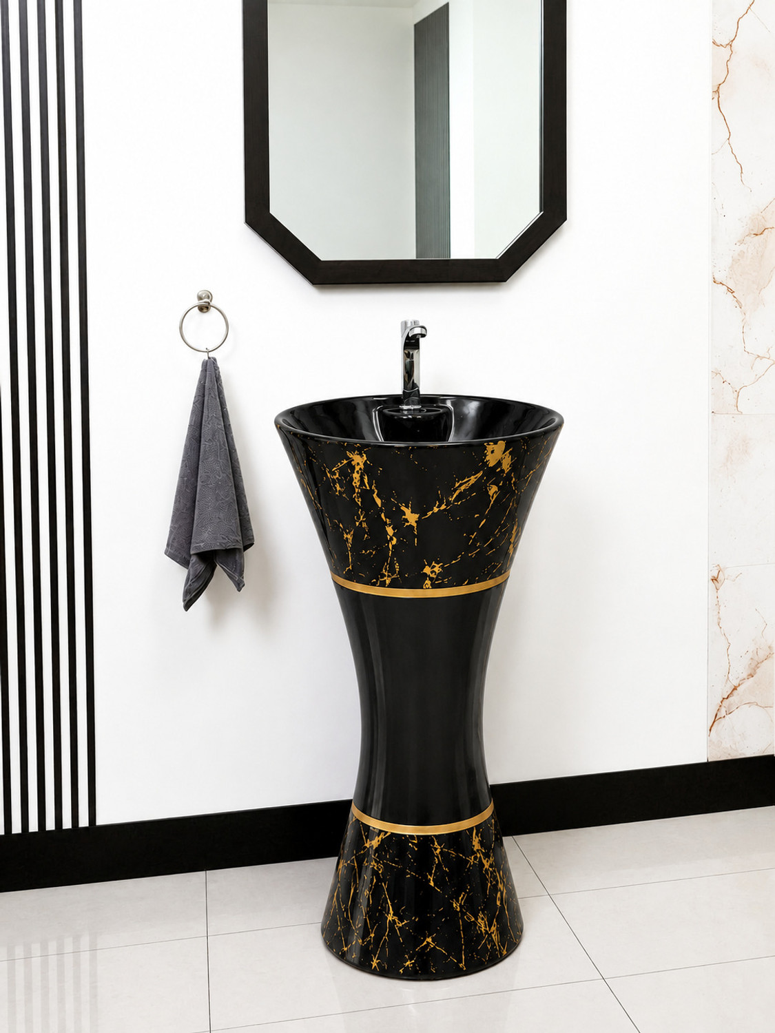 Image of LUXEHOME Easy-to-clean glazed finish with low maintenance Orbit Marble Designer Freestanding Ceramic Pedestal Wash Basin with Gold Accent Pedestal Basin