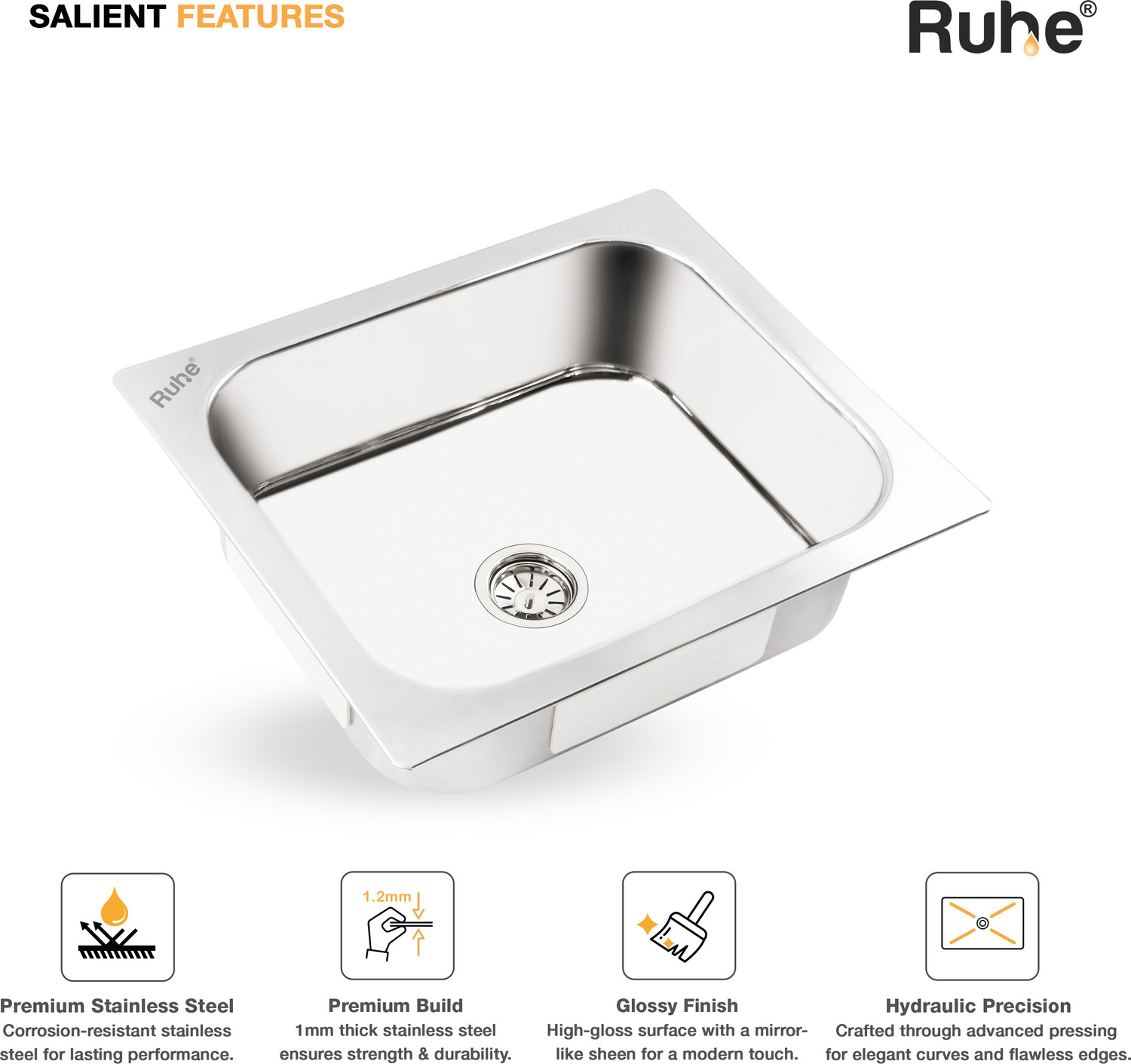 Image of RUHE Square Single Bowl 24x18x9 Inches Kitchen Sink| Premium Stainless Steel Sink 24X18X9Inches Vessel Sink