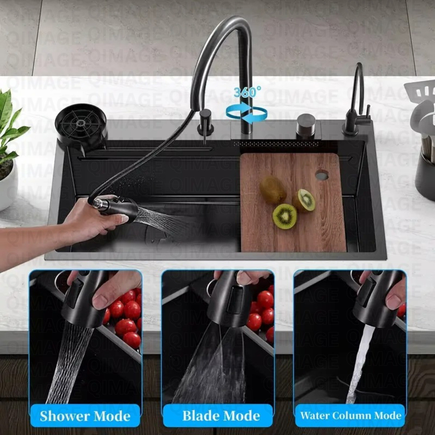 Image of Q-IMAGE Kitchen Sink 304 Ss Heavy Body Modular Sink With Waterfall Pull Down Faucet Single Bowl Sink With All Accessories (Nano Black) (30 X 18 X 9 Inches), Matt Vessel Sink