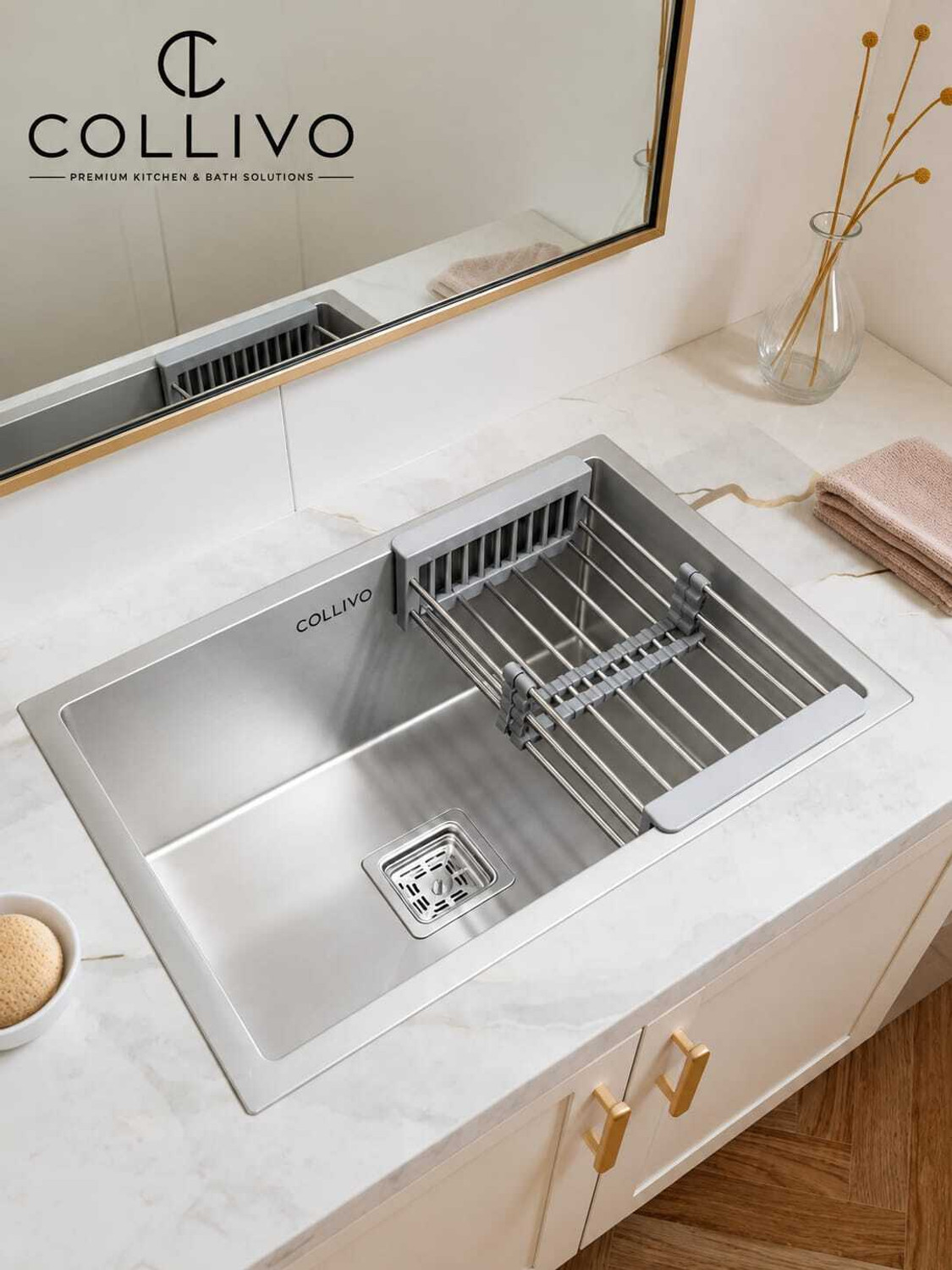 Image of COLLIVO SS 304 Stainless Steel 24 inchx18 inchx10 inch Kitchen Sink with Vegetable Washing Basket Handmade Kitchen Sink Vessel Sink (SILVER)