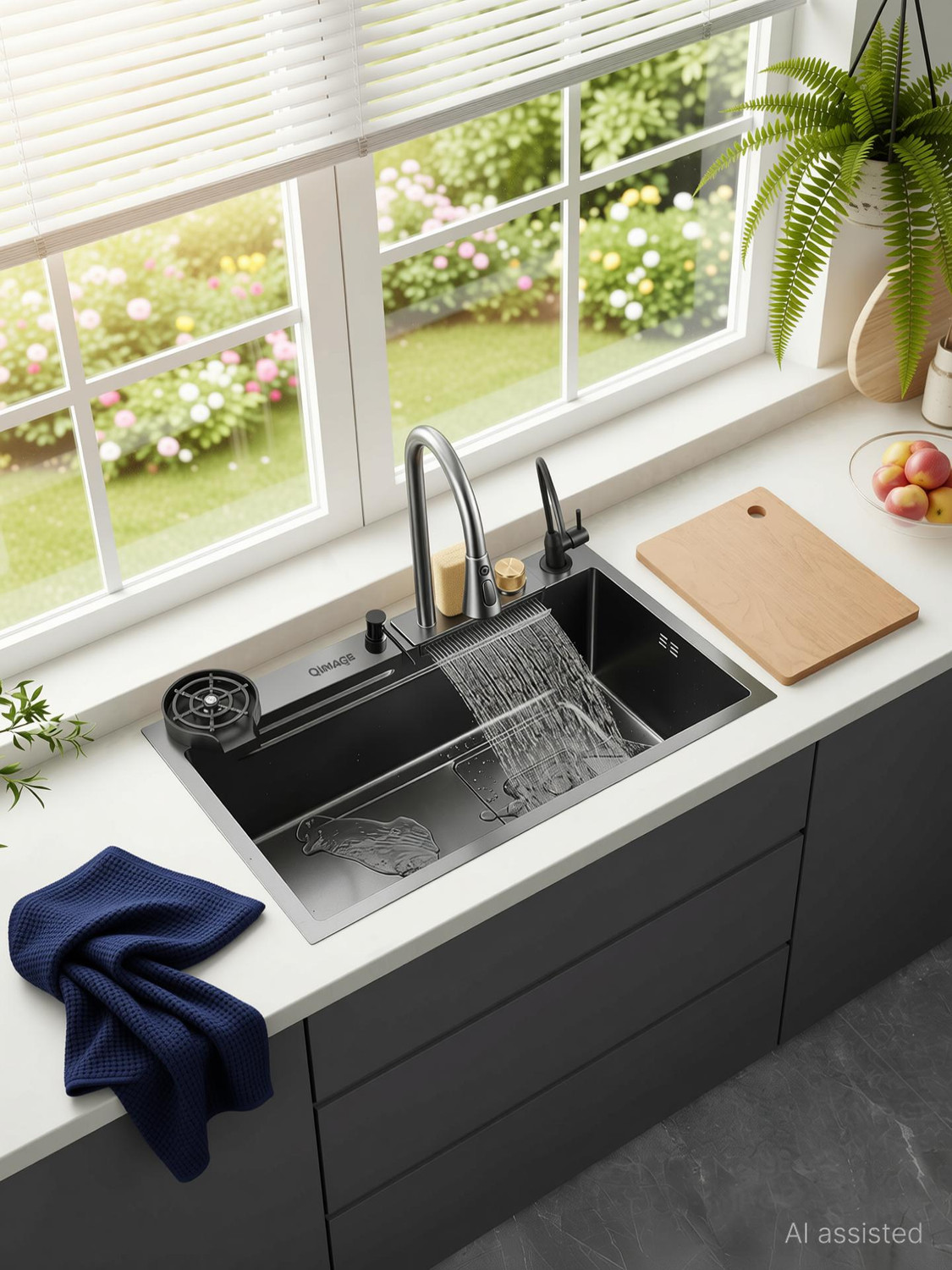 Image of Q-IMAGE Kitchen Sink 304 Ss Heavy Body Modular Sink With Waterfall Pull Down Faucet Single Bowl Sink With All Accessories (Nano Black) (30 X 18 X 9 Inches), Matt Vessel Sink
