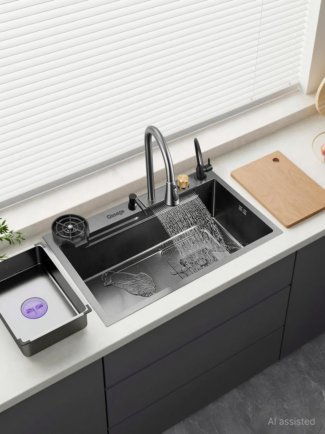 Image of Q-IMAGE Kitchen Sink 304 Ss Heavy Body Modular Sink With Waterfall Pull Down Faucet Single Bowl Sink With All Accessories (Nano Black) (30 X 18 X 9 Inches), Matt Vessel Sink
