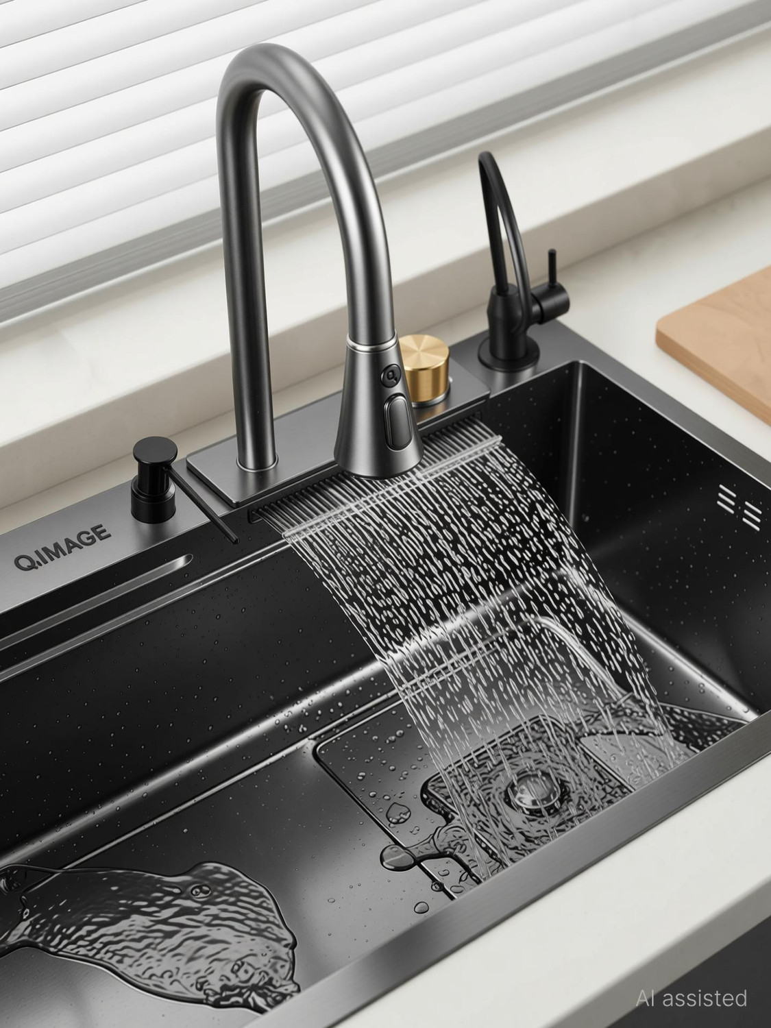 Image of Q-IMAGE Kitchen Sink 304 Ss Heavy Body Modular Sink With Waterfall Pull Down Faucet Single Bowl Sink With All Accessories (Nano Black) (30 X 18 X 9 Inches), Matt Vessel Sink