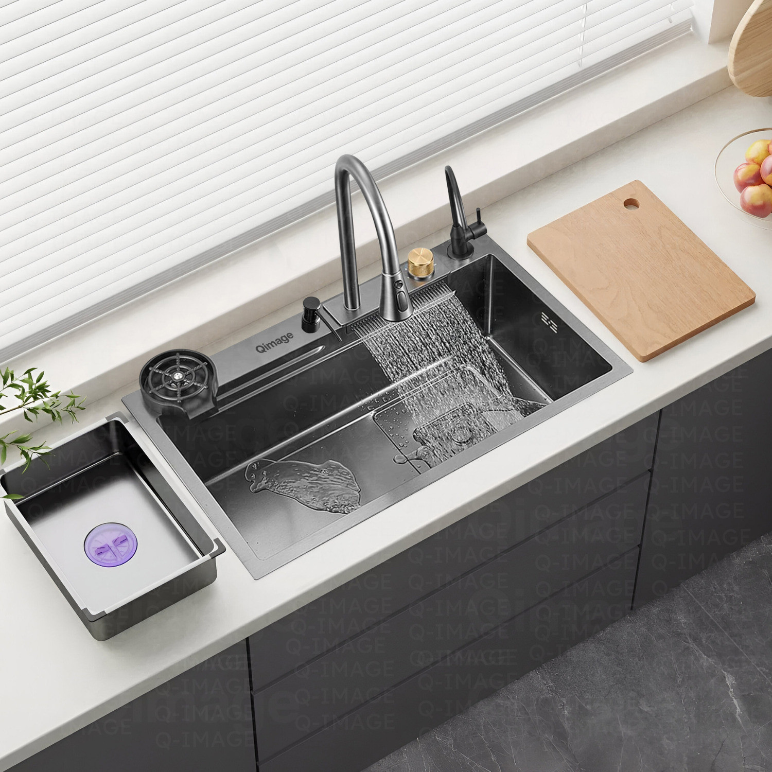 Image of Q-IMAGE Kitchen Sink 304 Ss Heavy Body Modular Sink With Waterfall Pull Down Faucet Single Bowl Sink With All Accessories (Nano Black) (30 X 18 X 9 Inches), Matt Vessel Sink