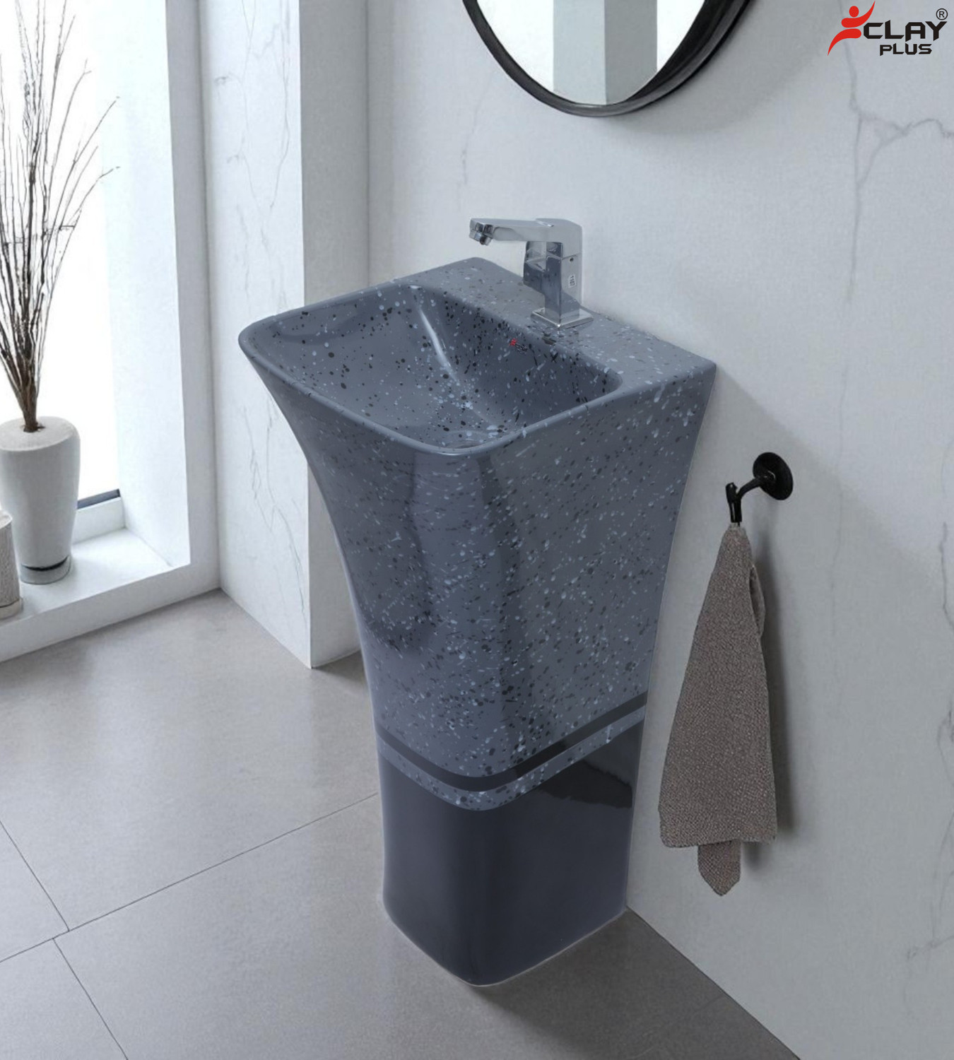 Image of clayplus Ceramic One Piece Pedestal Standing Wash Basin For Livingroom & Bathroom / / Glossy Grey with Black Shade Combination Marble Shade Standing Wash Basin' Pedestal Basin