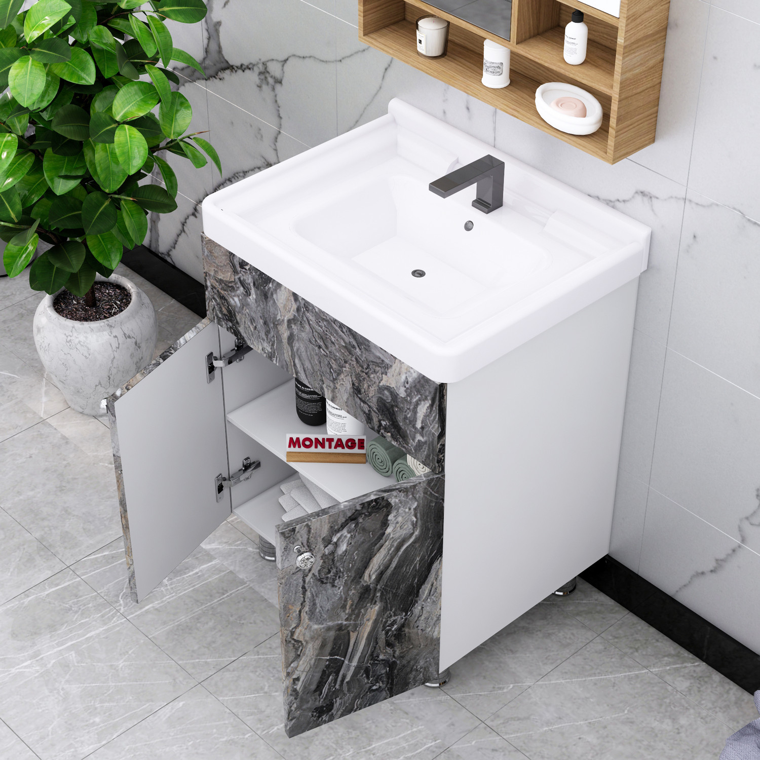 Image of MONTAGE Wash Basin Vanity Cabinet with Ceramic Basin Water Resistant HDHMR Wood Material Best Under Counter Basin