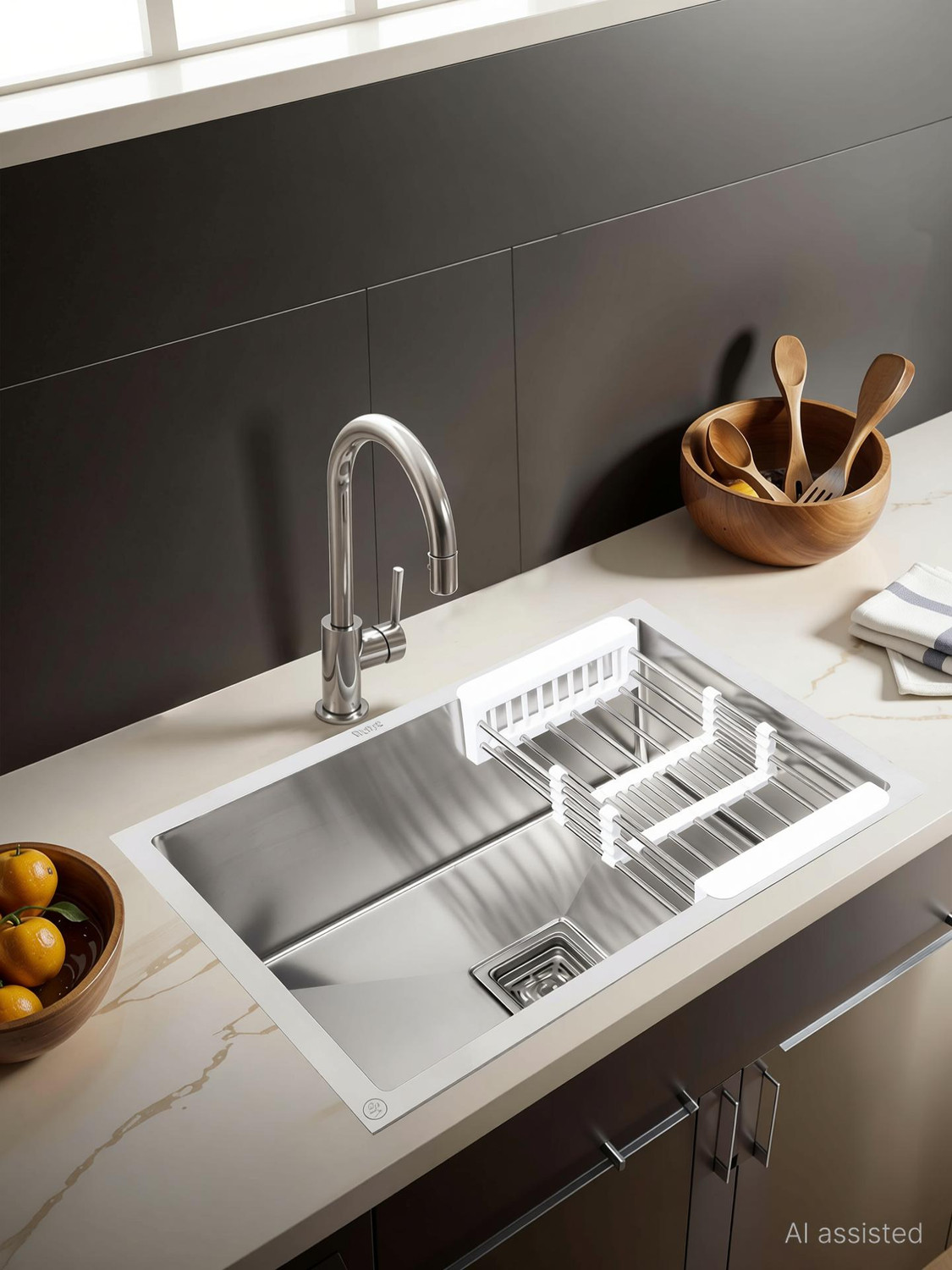 Image of RUHE 304-Grade Stainless Steel Handmade Kitchen Sink |24x18x10 Inches| |Including Waste Coupling|Waste Pipe|Fruit Basket |Matt Finish Vessel Sink