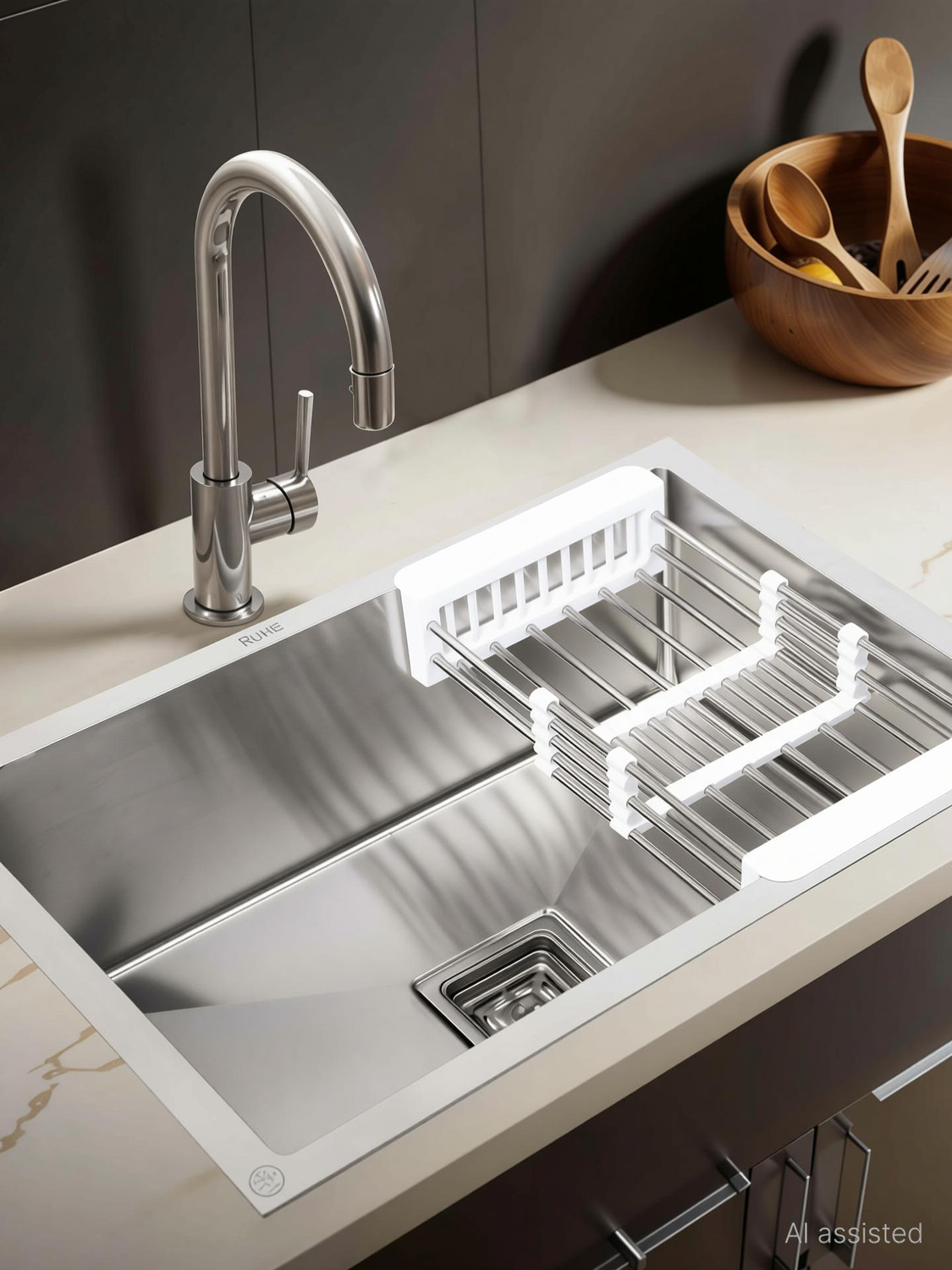 Image of RUHE 304-Grade Stainless Steel Handmade Kitchen Sink |24x18x10 Inches| |Including Waste Coupling|Waste Pipe|Fruit Basket |Matt Finish Vessel Sink