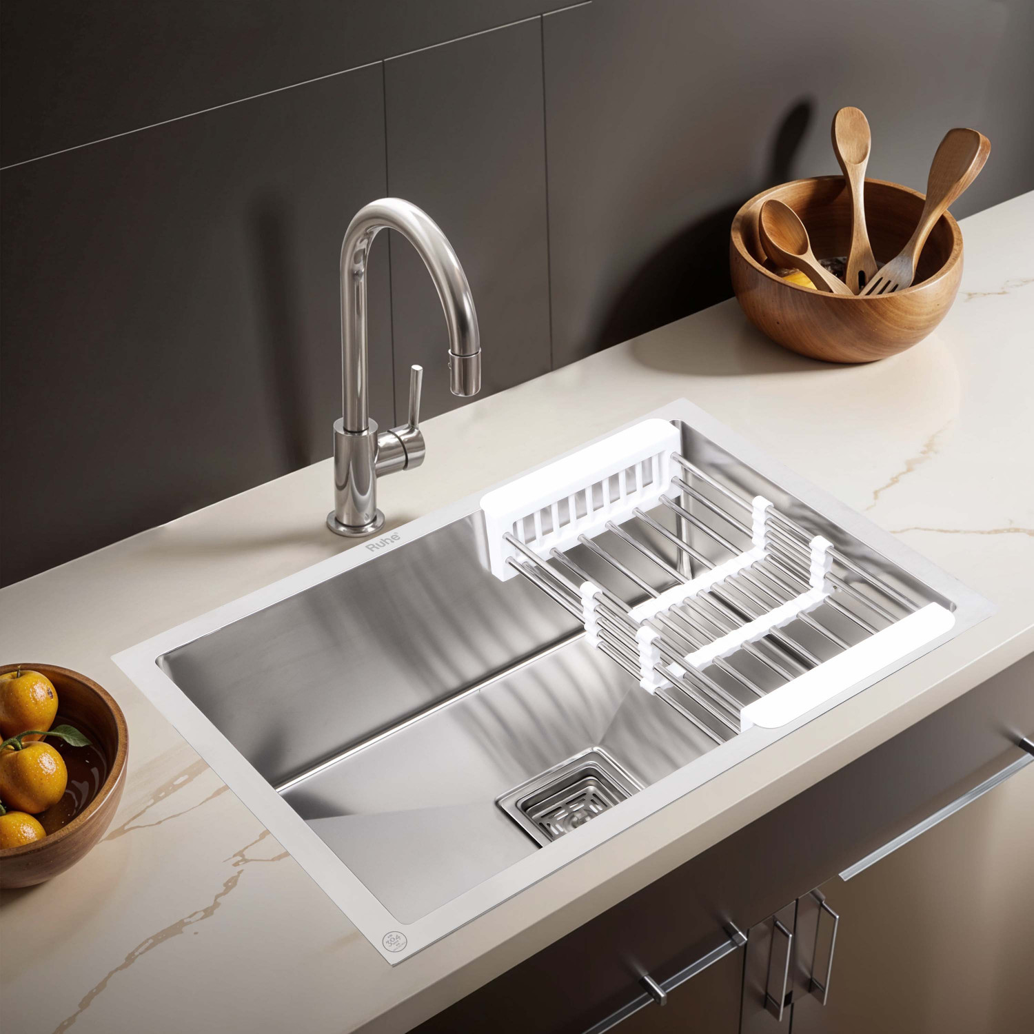 Image of RUHE 304-Grade Stainless Steel Handmade Kitchen Sink |24x18x10 Inches| |Including Waste Coupling|Waste Pipe|Fruit Basket |Matt Finish Vessel Sink