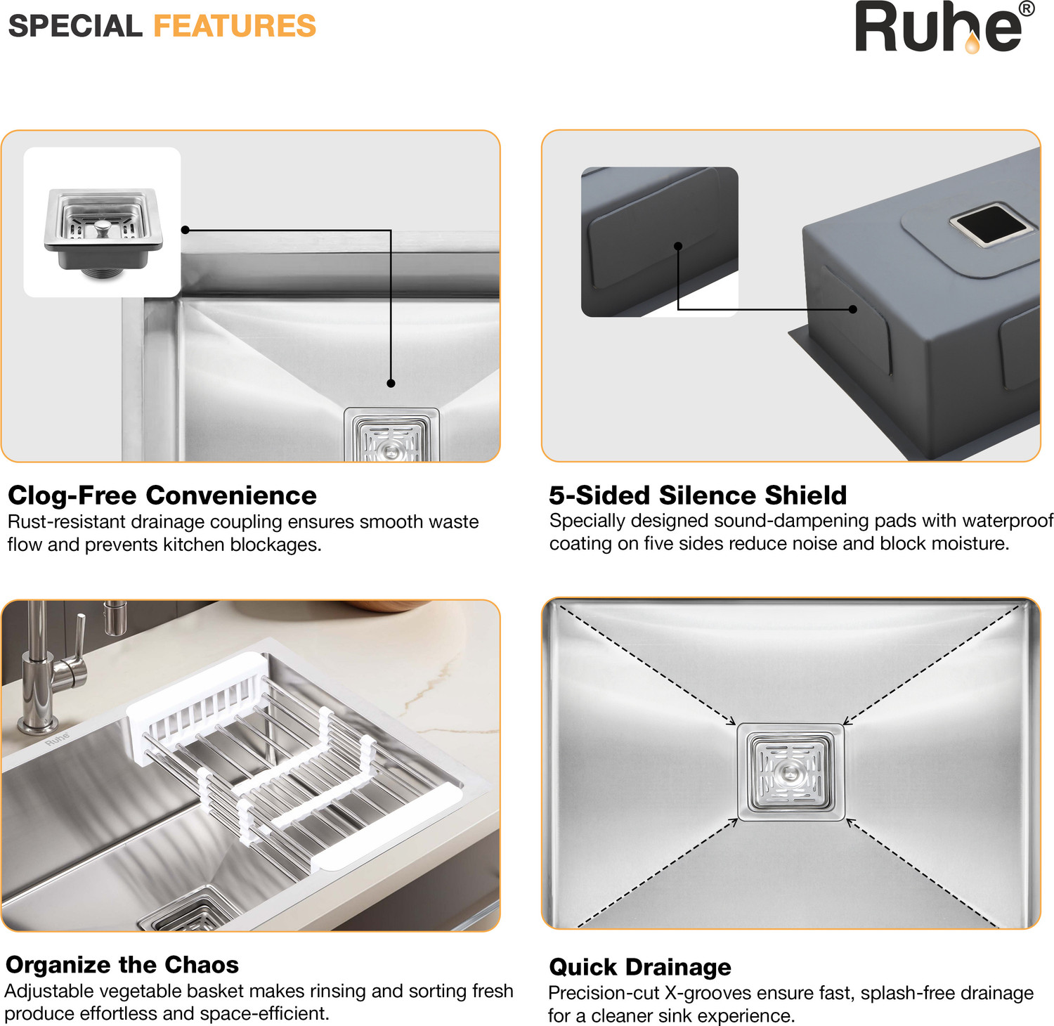 Image of RUHE 304-Grade Stainless Steel Handmade Kitchen Sink |24x18x10 Inches| |Including Waste Coupling|Waste Pipe|Fruit Basket |Matt Finish Vessel Sink