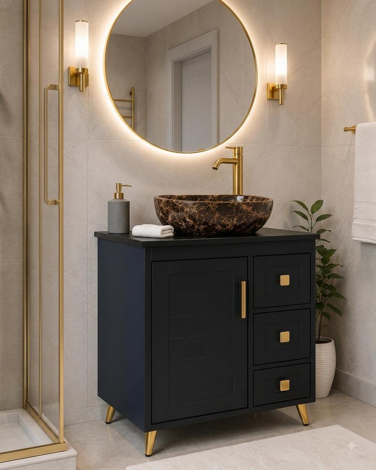 Image of CLEOPATRA Premium Pu black 24 inch freestanding Wash Basin Vanity Cabinet For Bathroom PU-01 BLACK Over Counter Basin (BLACK CLOUR)