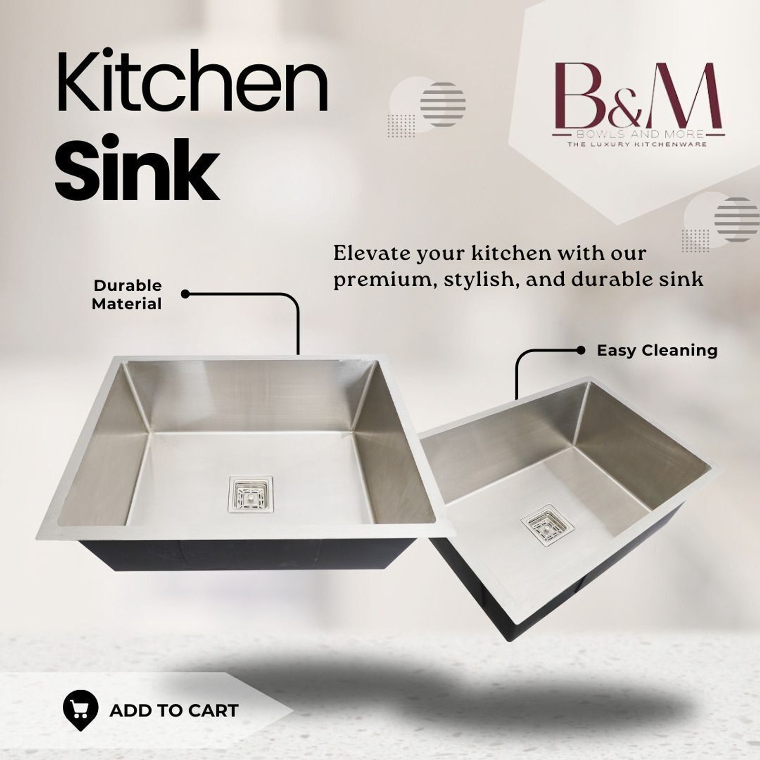 Image of Bowlsandmore 24 inch x 18 inch x 10 inch Handmade Kitchen sink | 304-Grade | Single Bowl Stainless Steel 24 inchx18 inchx10 inch Vessel Sink