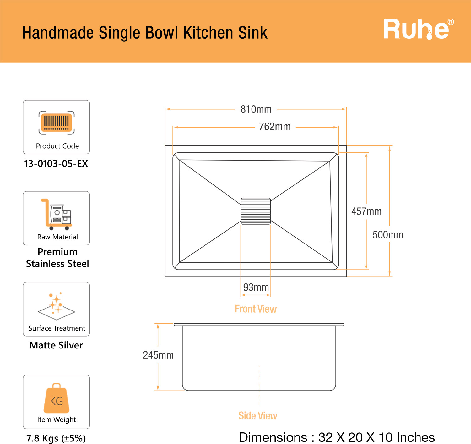 Image of RUHE Exclusive Handmade Stainless Steel Single Bowl Kitchen Sink | 32x20x10 Inches| Exclusive Handmade Stainless Steel Single Bowl Kitchen Sink Vessel Sink