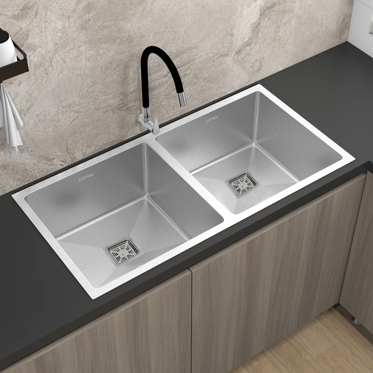 Image of Plantex Kitchen Sink /Stainless Steel Double Bowl Sink /Handmade Kitchen Sink Multi-Functional Drying Rack, Hose Pipe and Square Coupling (32x18x9 Inches) Vessel Sink