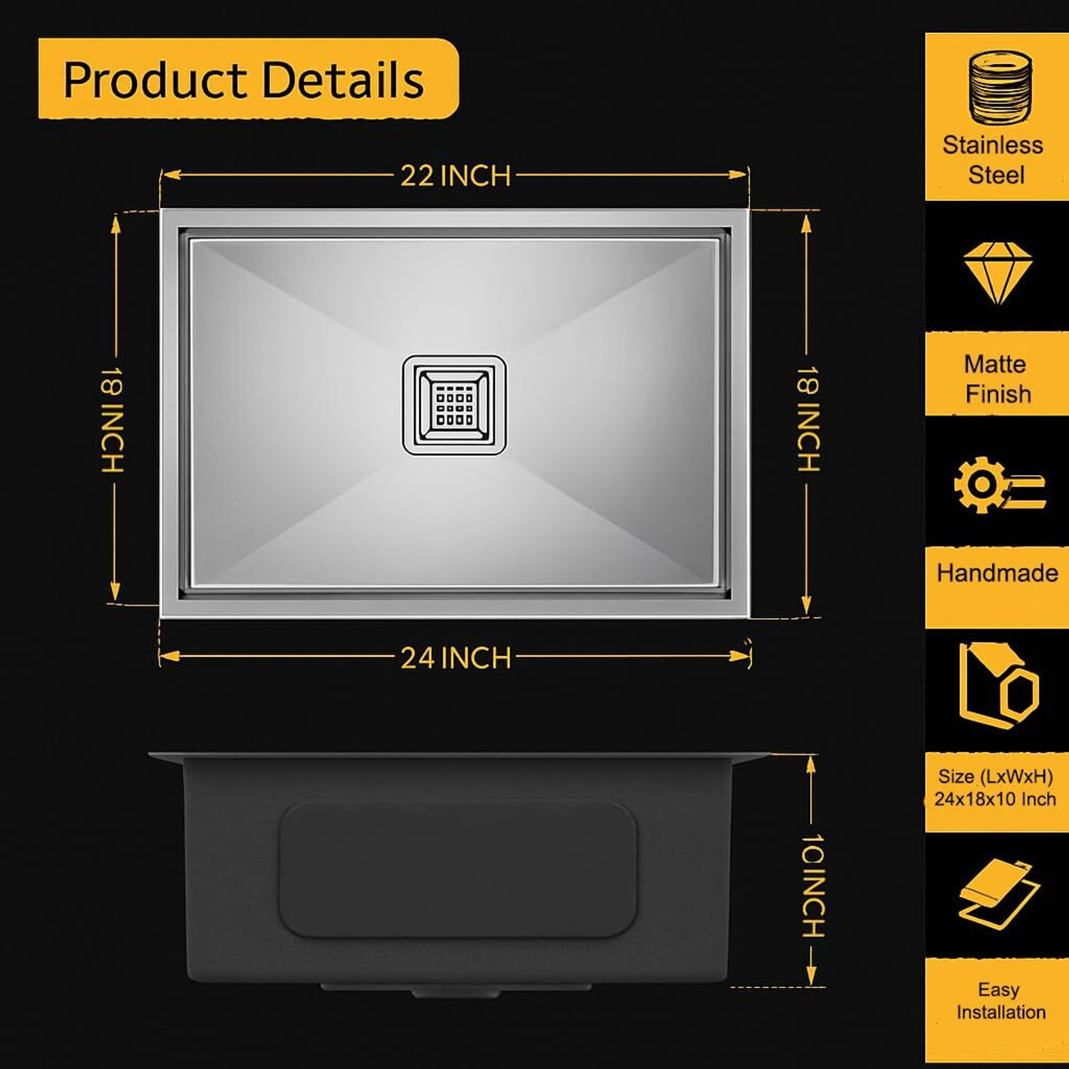Image of The Sink Shop 24x18x10 Inch Stainless Steel Kitchen Sink | Single Bowl, Matte Finish Sink with Square Coupling and Pipes (Round Corners) Vessel Sink