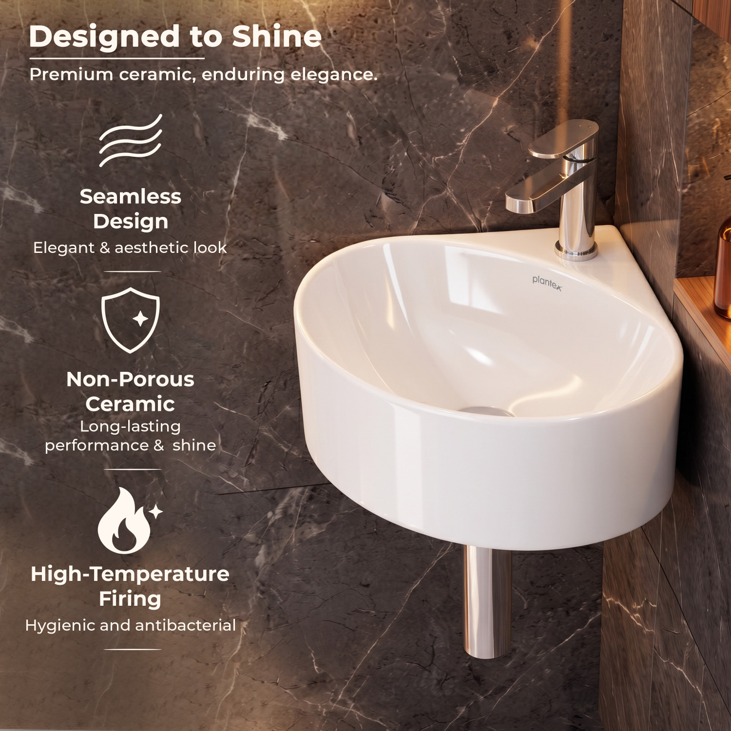 Image of Plantex Ceramic Wall Hung Basin /Corner Bathroom Basin /Wall Mounted Wash Basin-(EVA) Corner Basin (White)