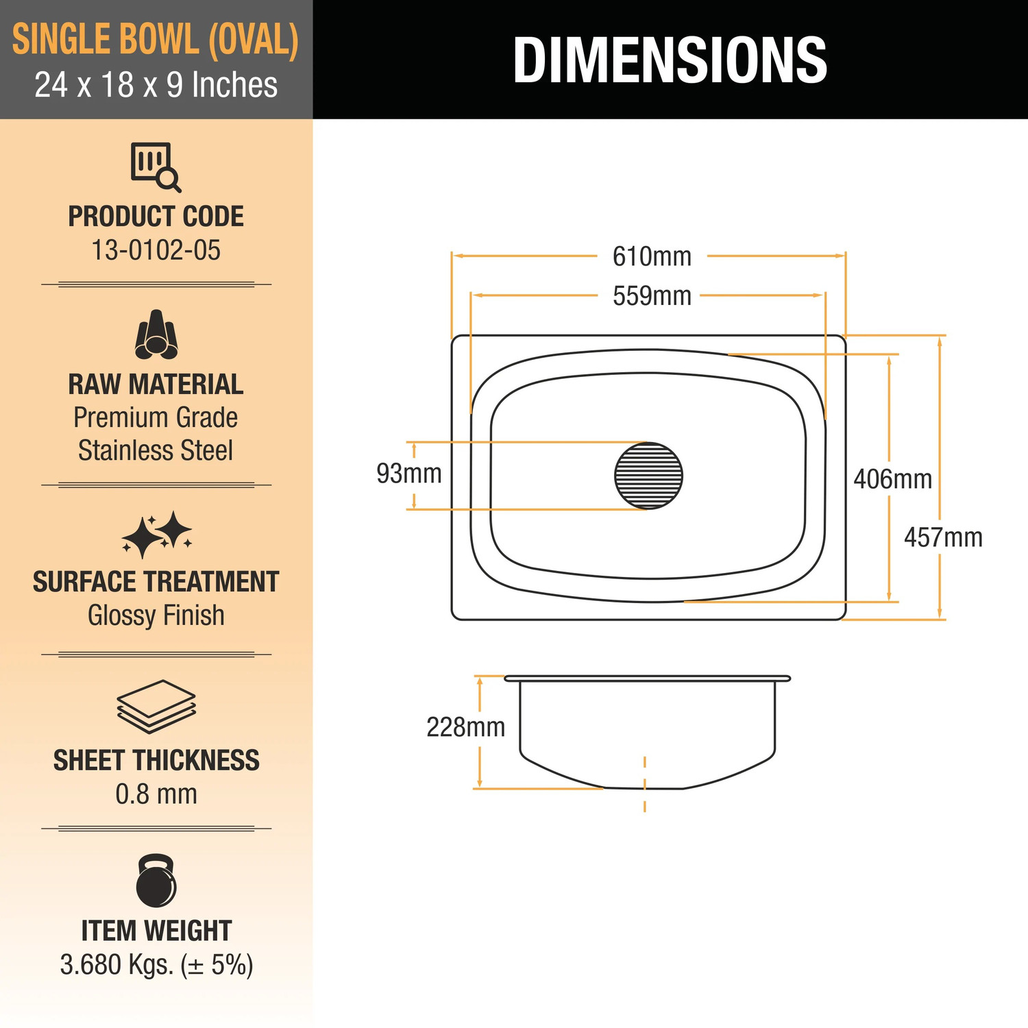 Image of Jindal steel 304 Grade Single Bow Sink 24x18x9 - 304 grade Vessel Sink