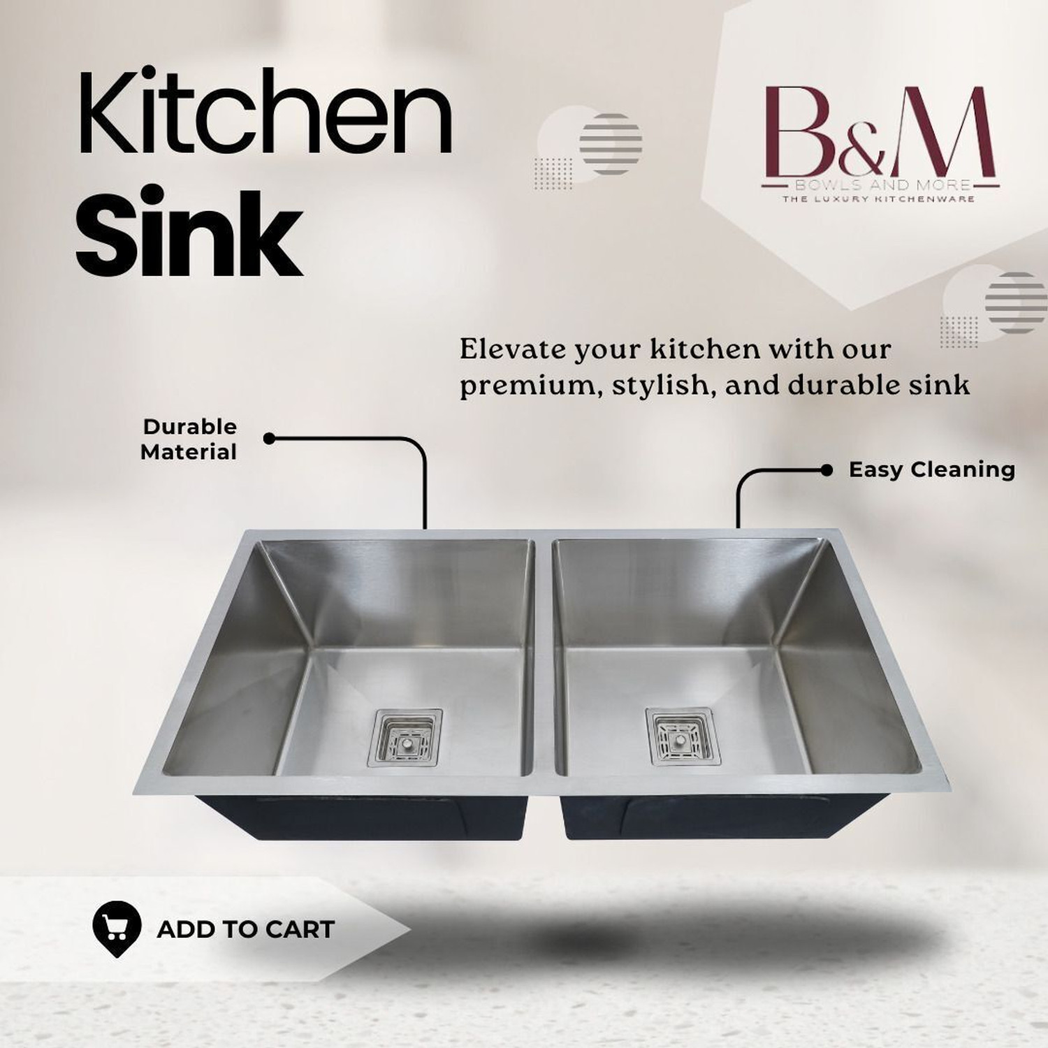Image of BOWLS & MORE 37 inch x 18 inch x 10 inch Heavyduty Handmade Kitchen Sink | 304 Grade Stainless Steel 1 Vessel Sink