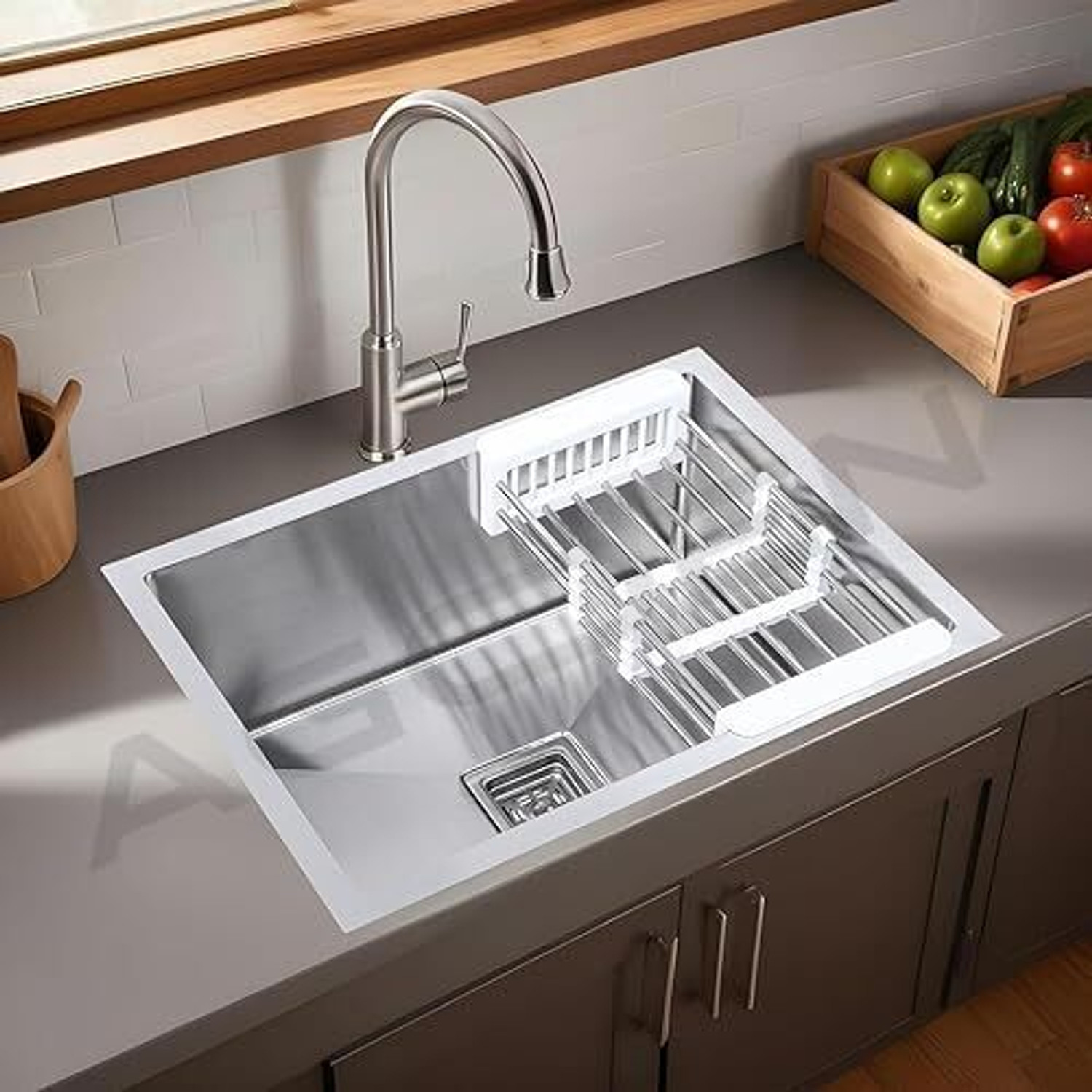 Image of FOURVIEW Stainless Steel Kitchen Sink 24x18x10 Inch | Single Bowl Matte Finish 1.2mm Thick Soundproof Basin with Coupling, Pipe & Fruit Tray Included Vessel Sink