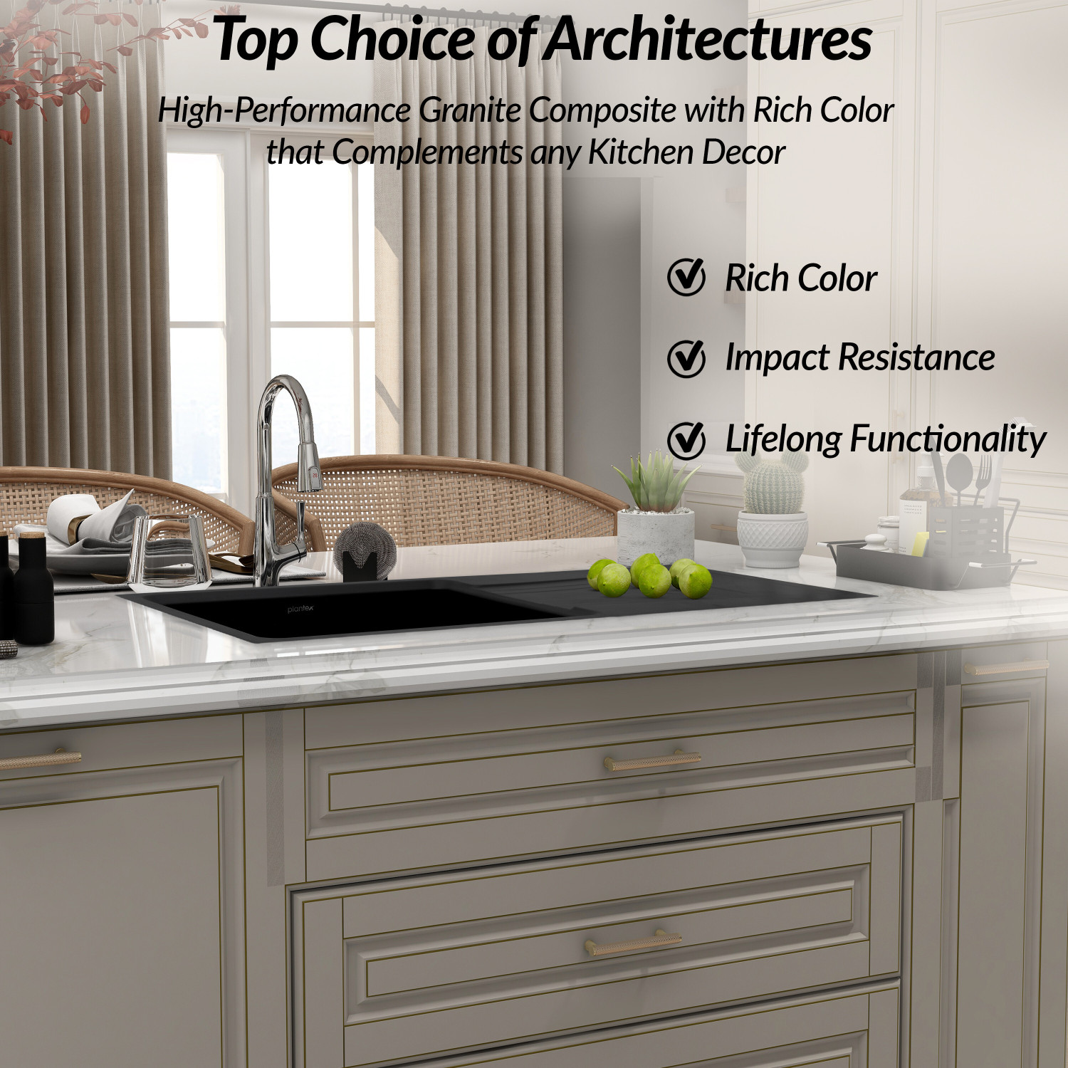 Image of Plantex Granite Quartz Single Bowl Kitchen Sink With Drain Board (36x18 inches) APS-2026 Under Counter Basin