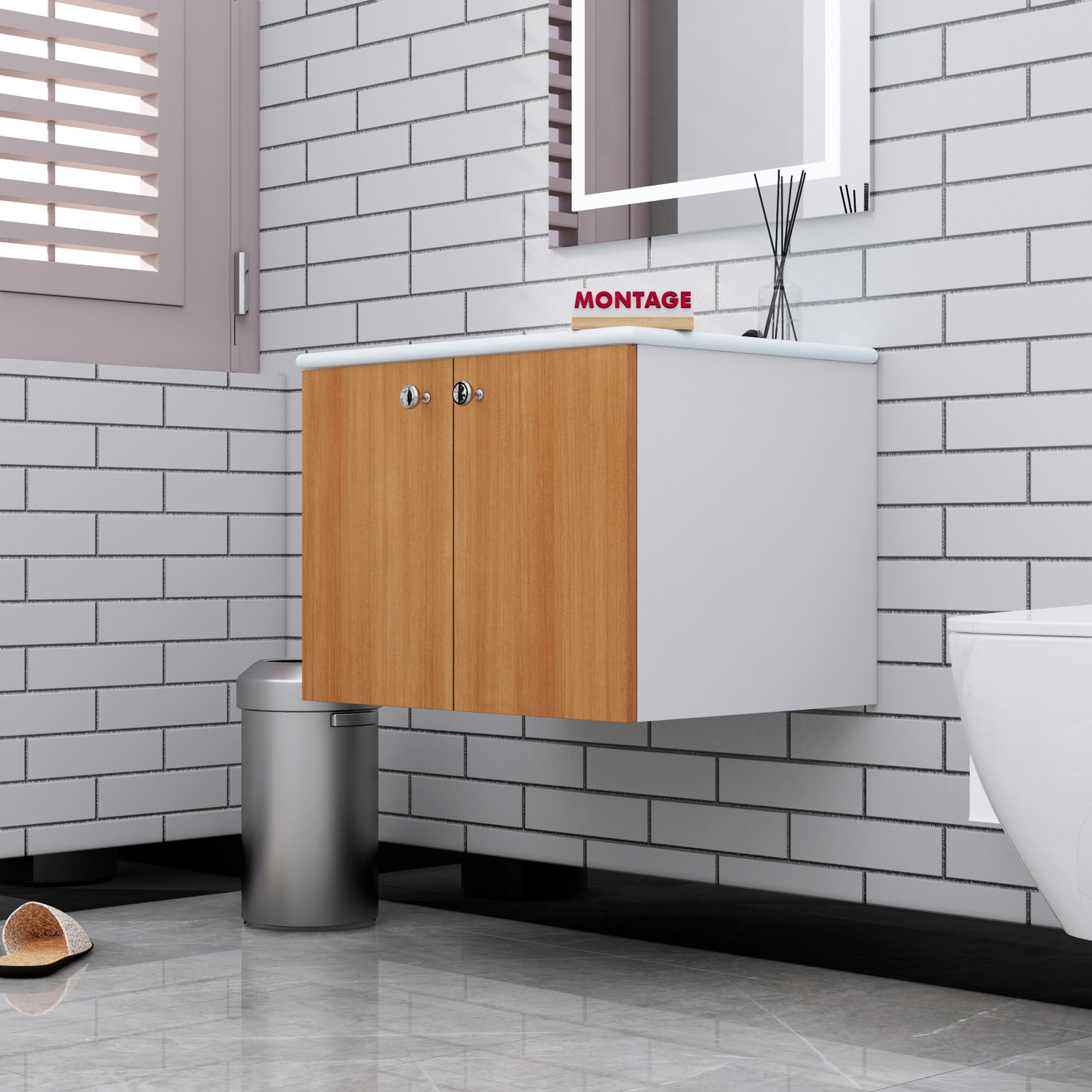 Image of MONTAGE Wash Basin Vanity High Quality HDHMR Engineered Wood Wall Mounted Cabinet Wooden Cabinet Table Top Basin