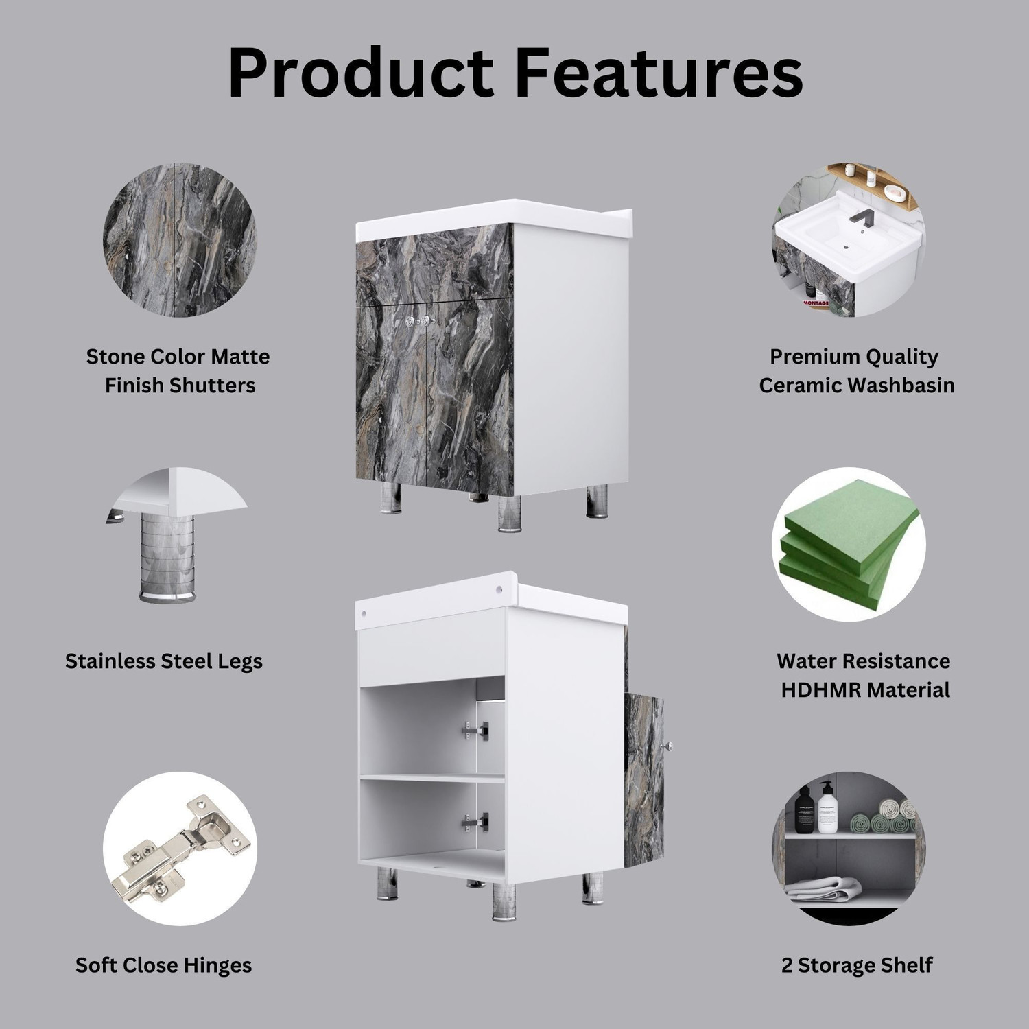 Image of MONTAGE Wash Basin Vanity Cabinet with Ceramic Basin Water Resistant HDHMR Wood Material Best Under Counter Basin