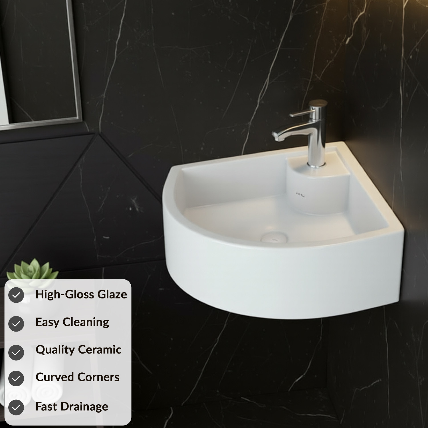 Image of Plantex Ceramic Corner Washbasin /Wall Mount Basin for Bathroom /Small Corner Sink Corner Basin