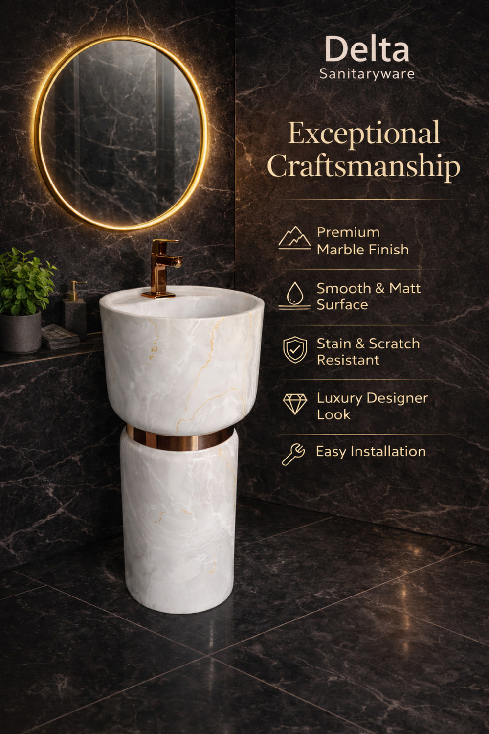 Image of DELTA SANITARYWARE Delta Sanitaryware Premium Designer Ceramic Pedestal Wash Basin(16*16*32) (Cello-1070) (matt) Pedestal Basin