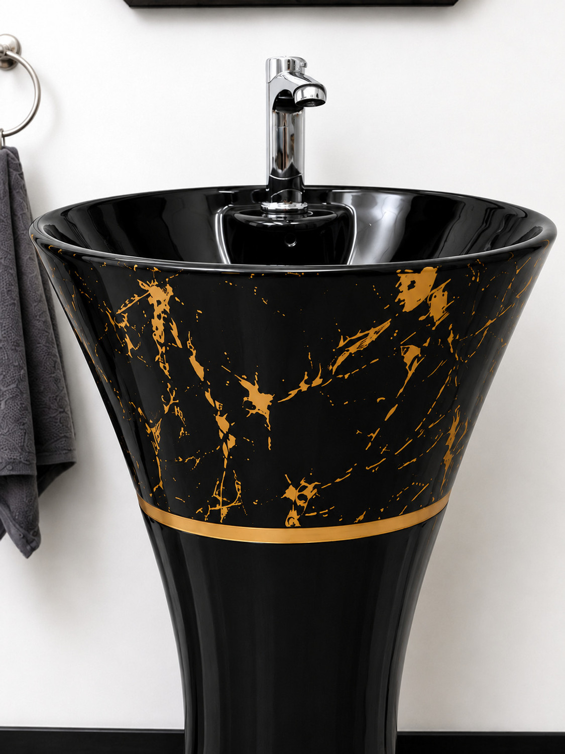 Image of LUXEHOME Easy-to-clean glazed finish with low maintenance Orbit Marble Designer Freestanding Ceramic Pedestal Wash Basin with Gold Accent Pedestal Basin
