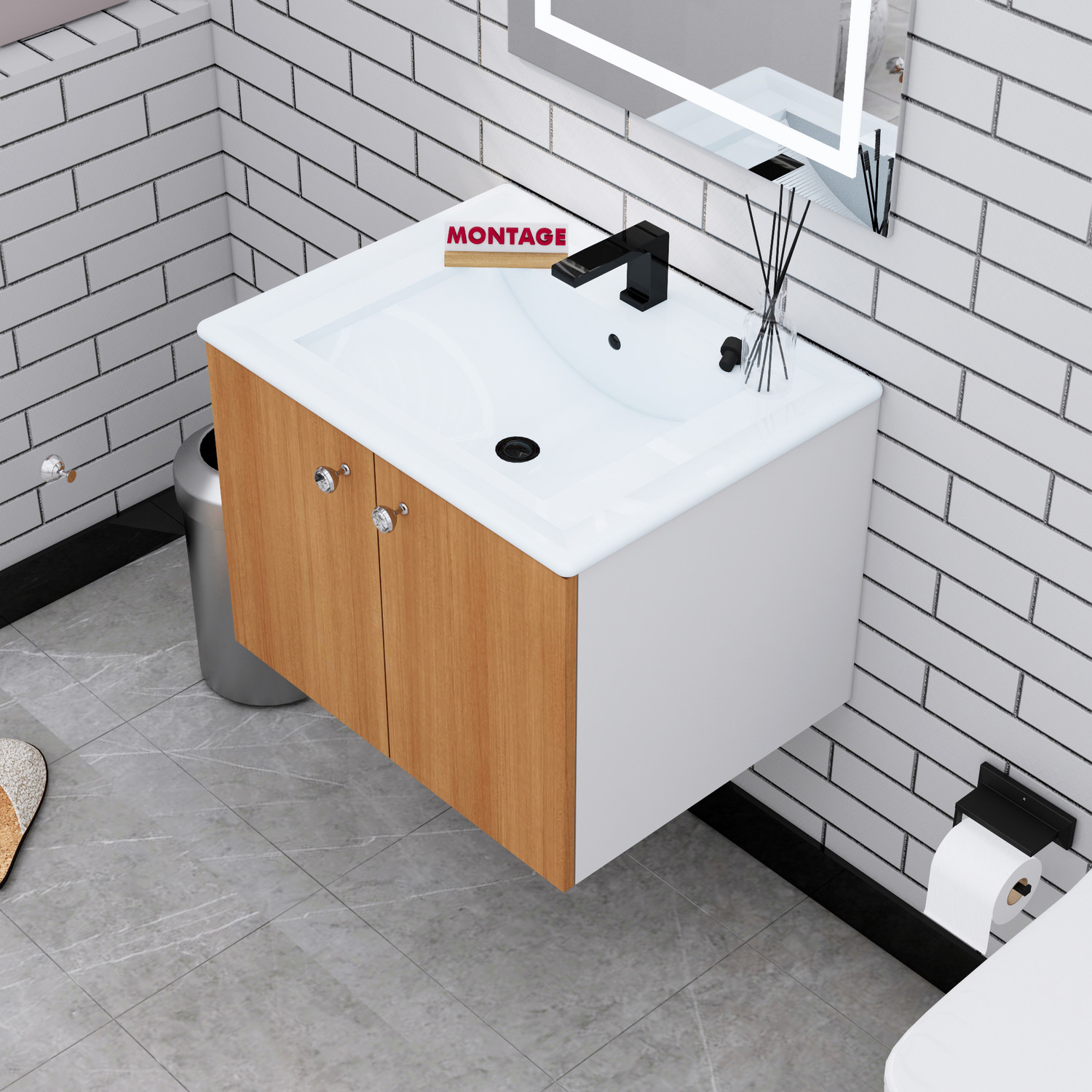 Image of MONTAGE Wash Basin Vanity High Quality HDHMR Engineered Wood Wall Mounted Cabinet Wooden Cabinet Table Top Basin