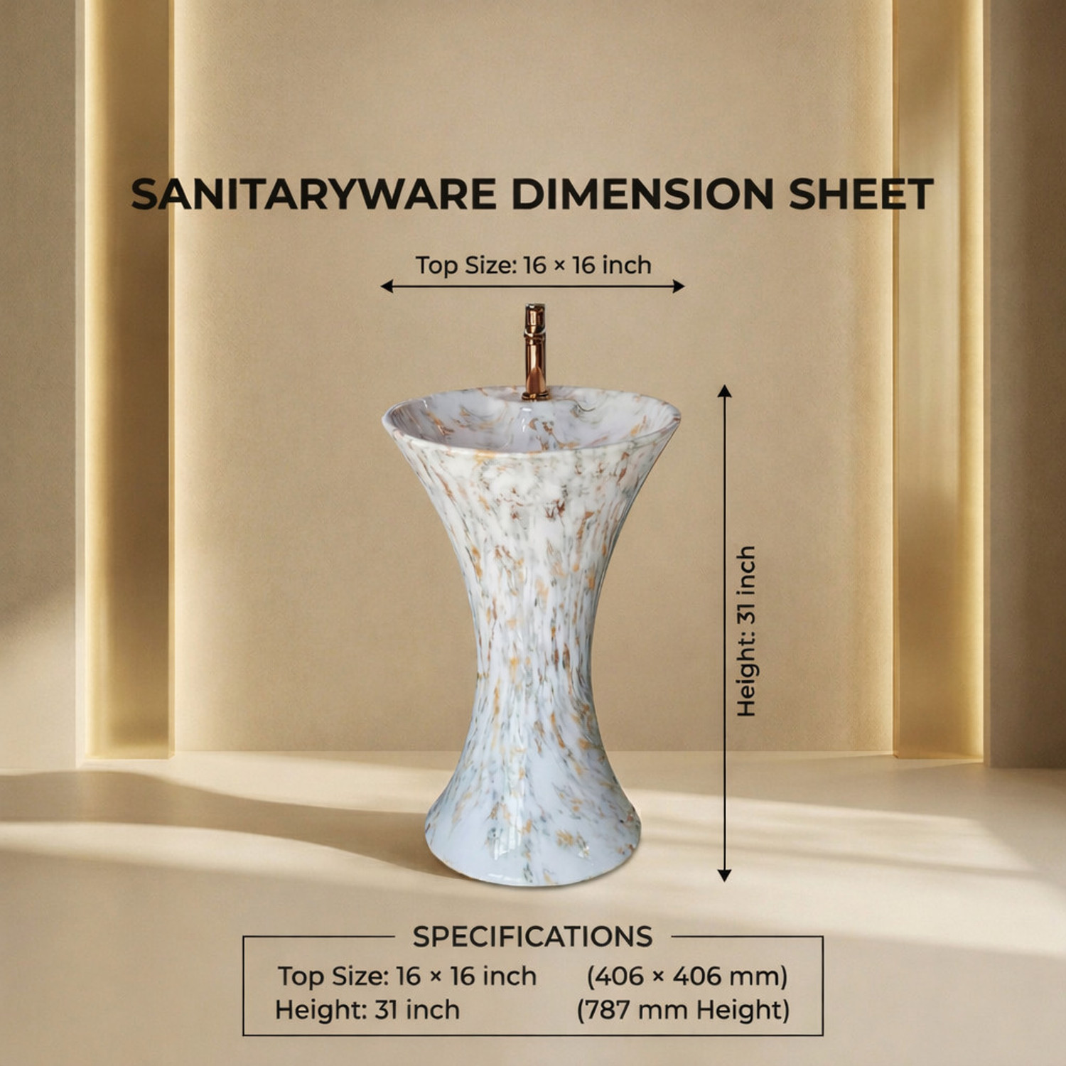 Image of DELTA SANITARYWARE Pedestal Onepiece Designer White and Gold Design Washbasin (16*16)(M01) Pedestal Basin