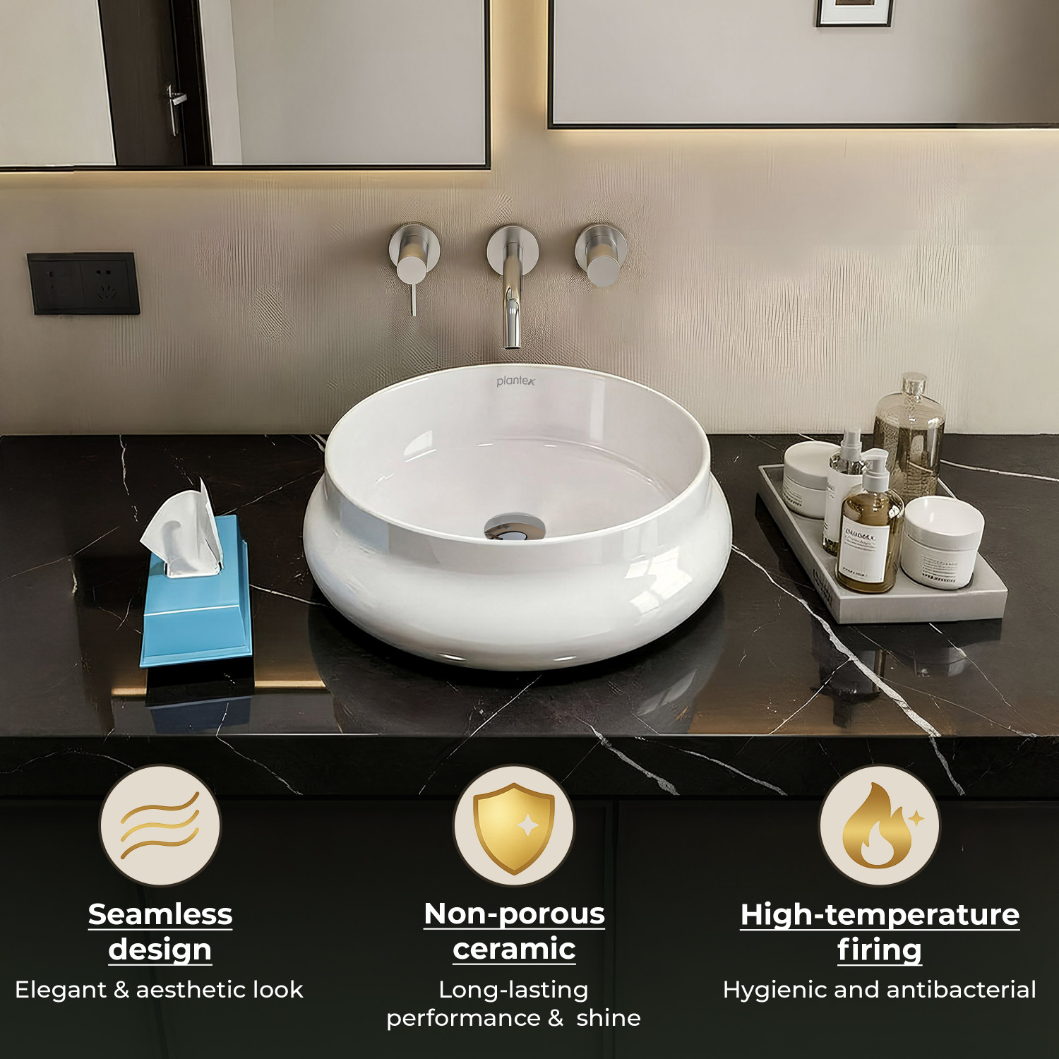Image of Plantex Ceramic Tabletop Wash Basin /WashBasin for Bathroom Platinium Ceramic Tabletop Round Wash Basin /Countertop Sink (16 x 16 x 5.5 Inch) Table Top Basin (White)
