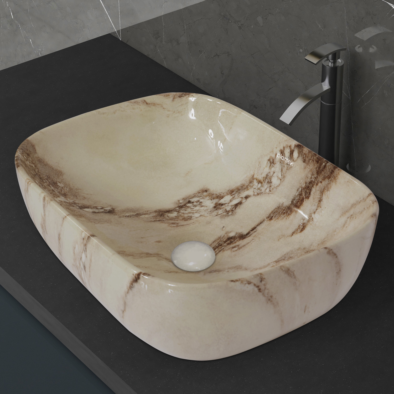 Image of Plantex Ceramic Washbasin /Wash Basin Hand Wash /Tabletop Wash Basin-Marble Finish (ALPHA-NS-139) Table Top Basin