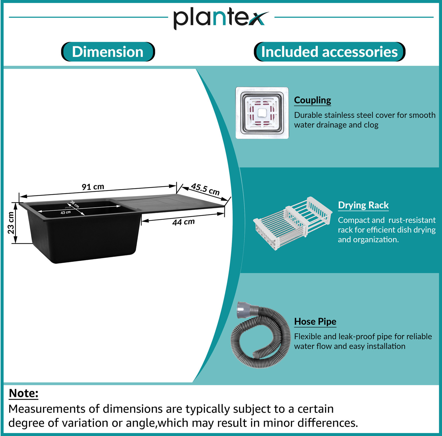 Image of Plantex Granite Quartz Single Bowl Kitchen Sink With Drain Board (36x18 inches) APS-2026 Under Counter Basin