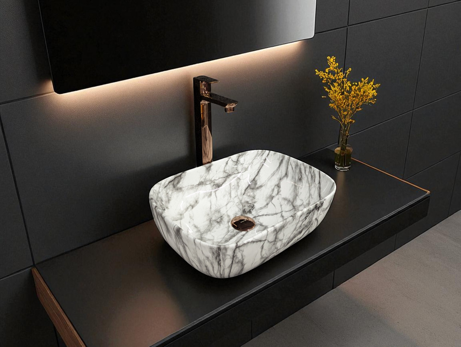 Image of DELTA Table Top Premium Designer Marble Glossy Ceramic Wash Basin(M04) Designer Wash Basin RJ-1004 Table Top Basin