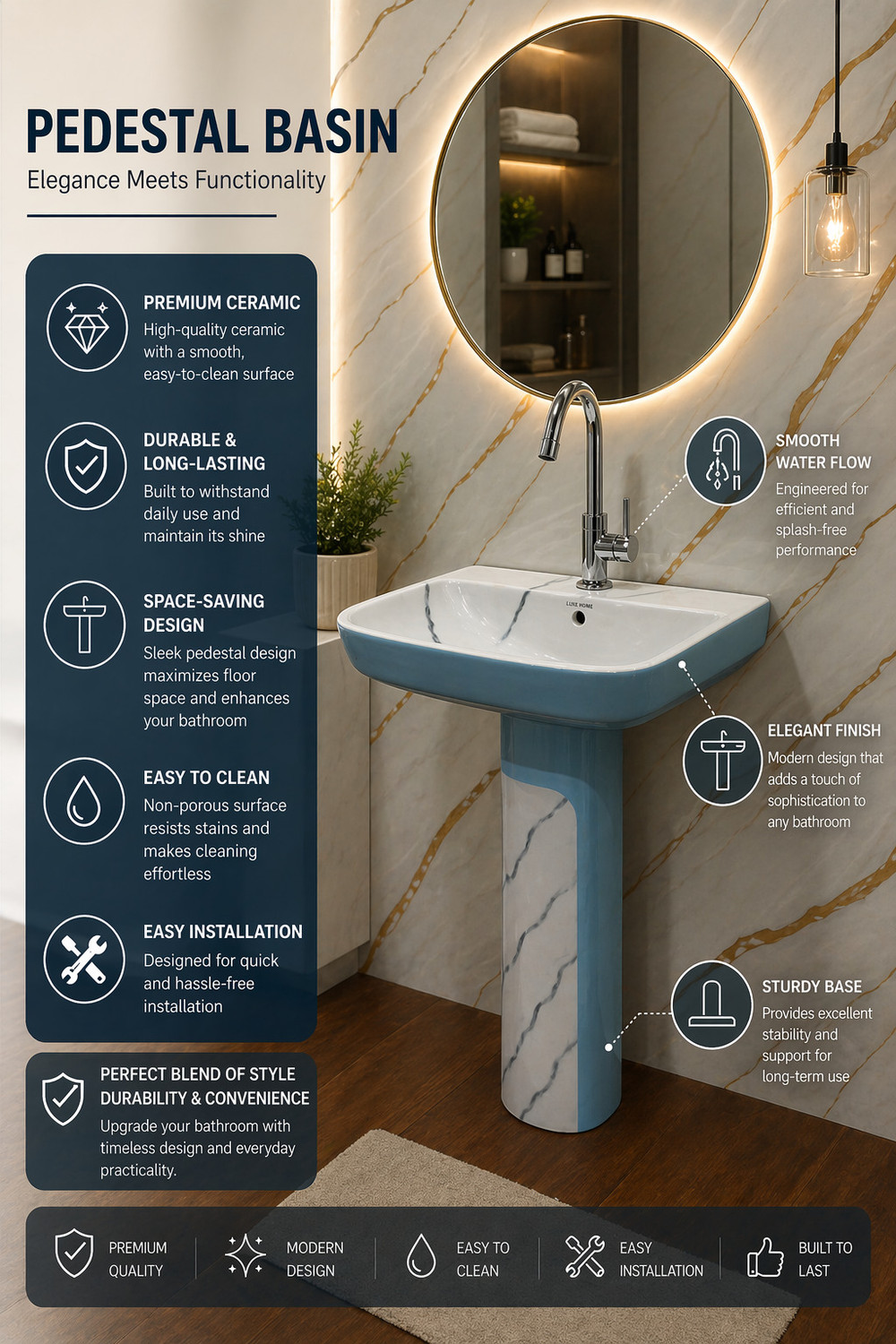 Image of LUXEHOME Elegant Ceramic Standing Wash Basin with Pedestal - Glossy Finish Modern Designer Pedestal Wash Basin Sink for Bathroom Home Decor Stylish Finish Pedestal Basin