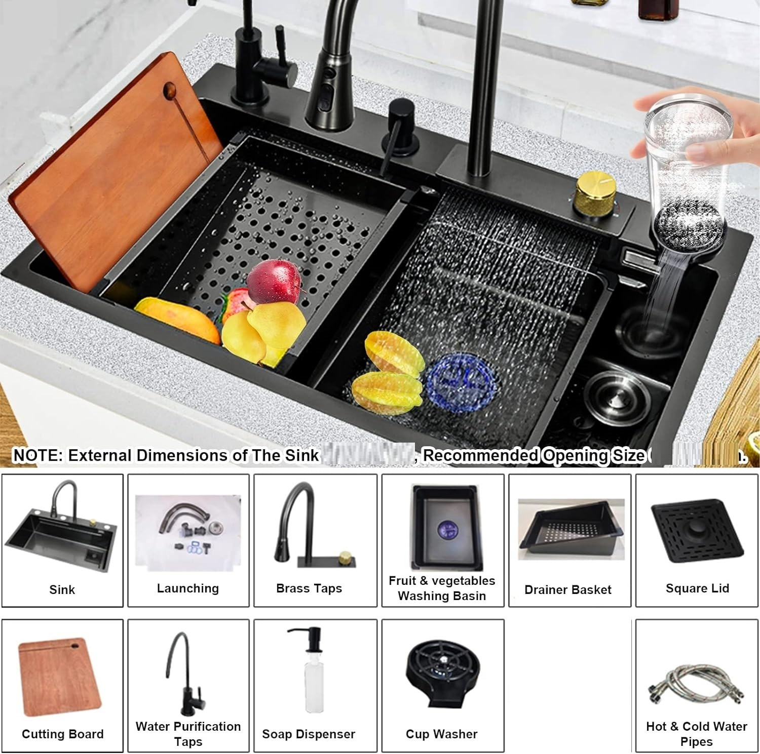 Image of Q-IMAGE Multifunctional Waterfall Kitchen Sink 30x18x9 inch Steel 304 Multifunction Sink Waterfall Sink All in One Kitchen Sink Digital Sink Vessel Sink
