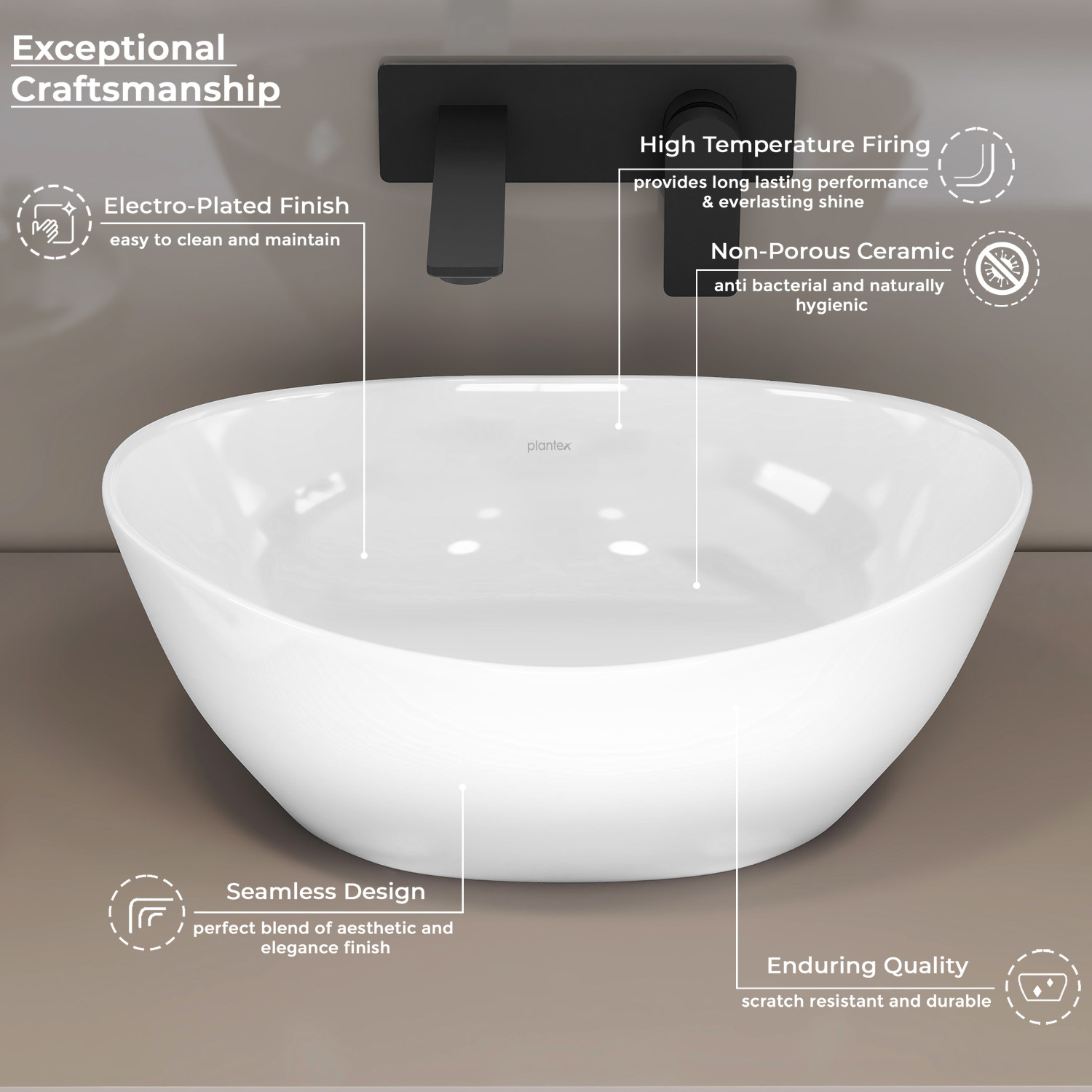 Image of Plantex Ceramic Basin /Wash Basin for Bathroom /Tabletop Wash Basin /Bathroom Basin (Cadiz) Counter Top